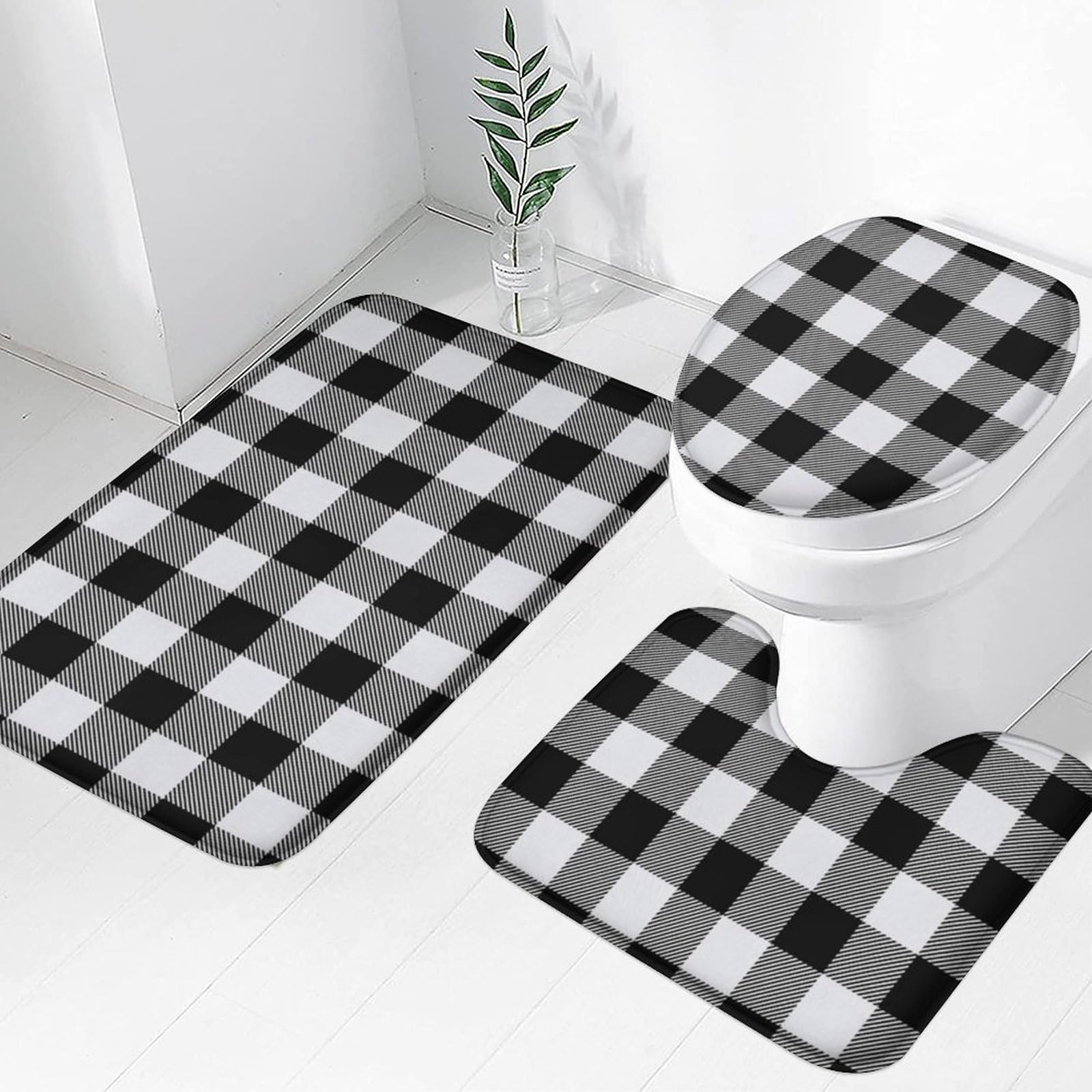 Easternproject 3 Piece Black and White Buffalo Plaids Checked Bath Mat Set Plush Christmas New Year Bathroom Rug Sets for Winter Non Slip Water