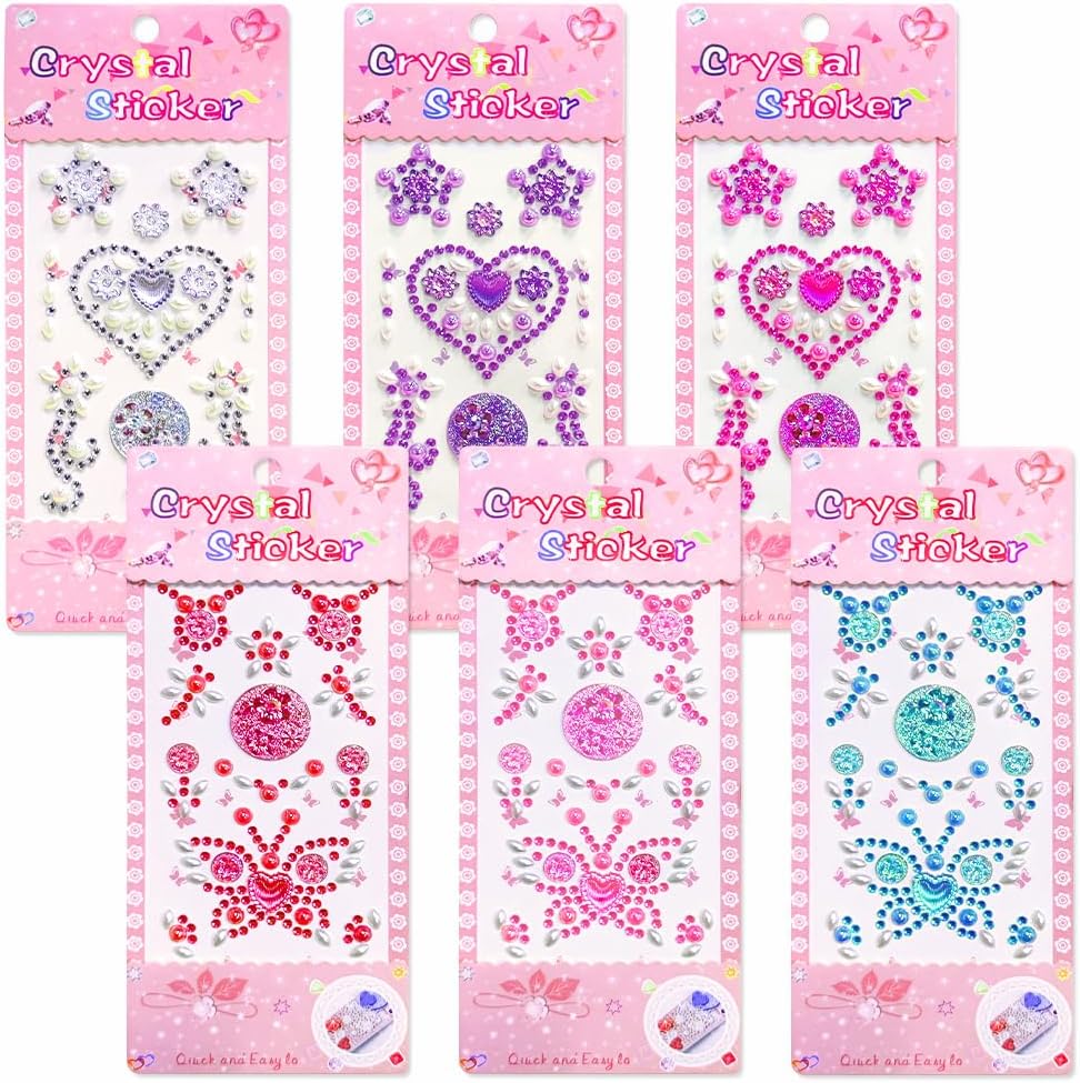 Autoau Self-Adhesive Glitter Stones 6 Sheets Rhinestones Self-Adhesive Stickers Colourful Gemstones Crystal Decoration Stickers for Children DIY Crafts Photo Frame Greeting Cards Treasure Chest