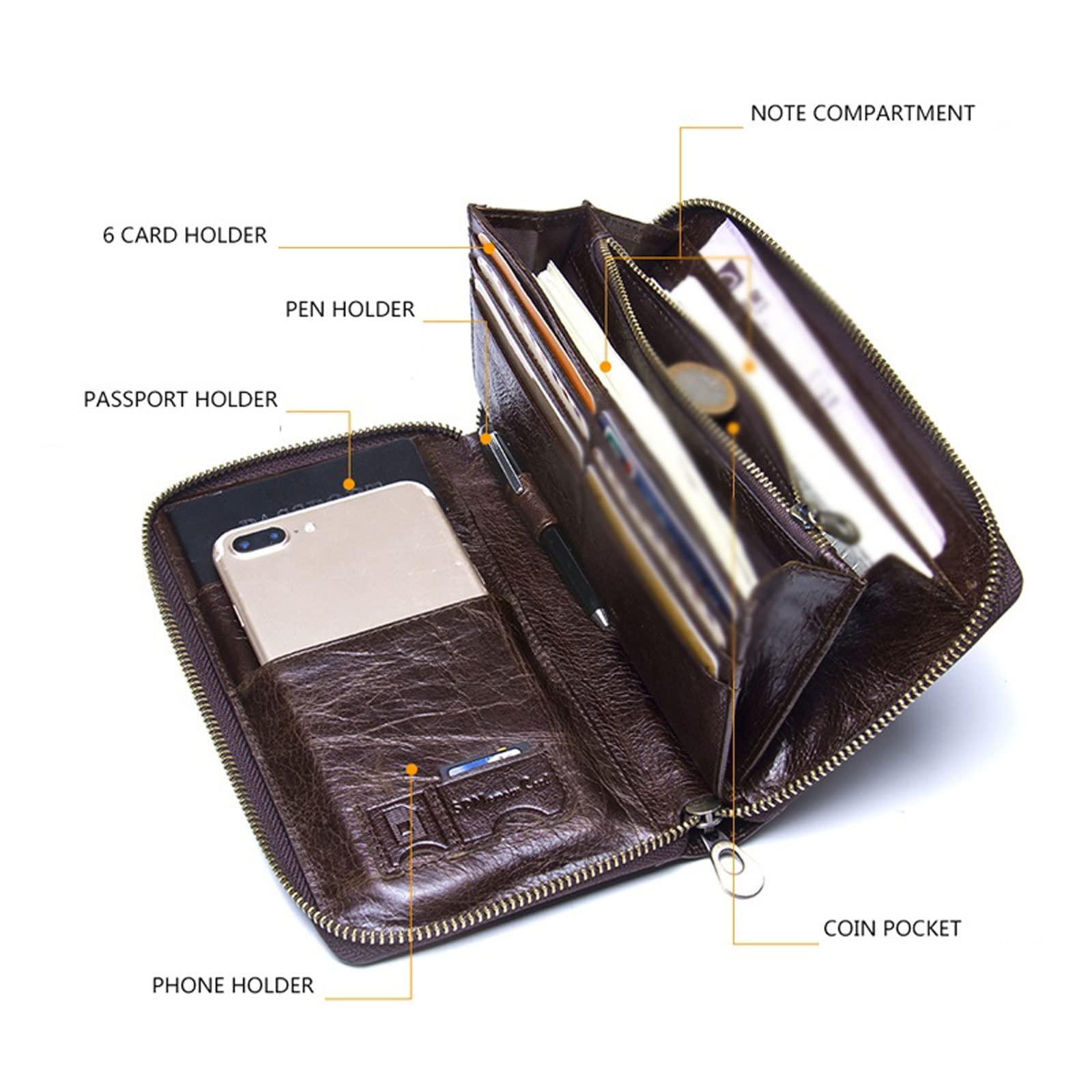 Męskie portfele ze skóry bydlęcej, etui na co dzień, etui na karty, portmonetka na zamek błyskawiczny, etui na paszport, etui na telefon, długi portfel męski (czarny)