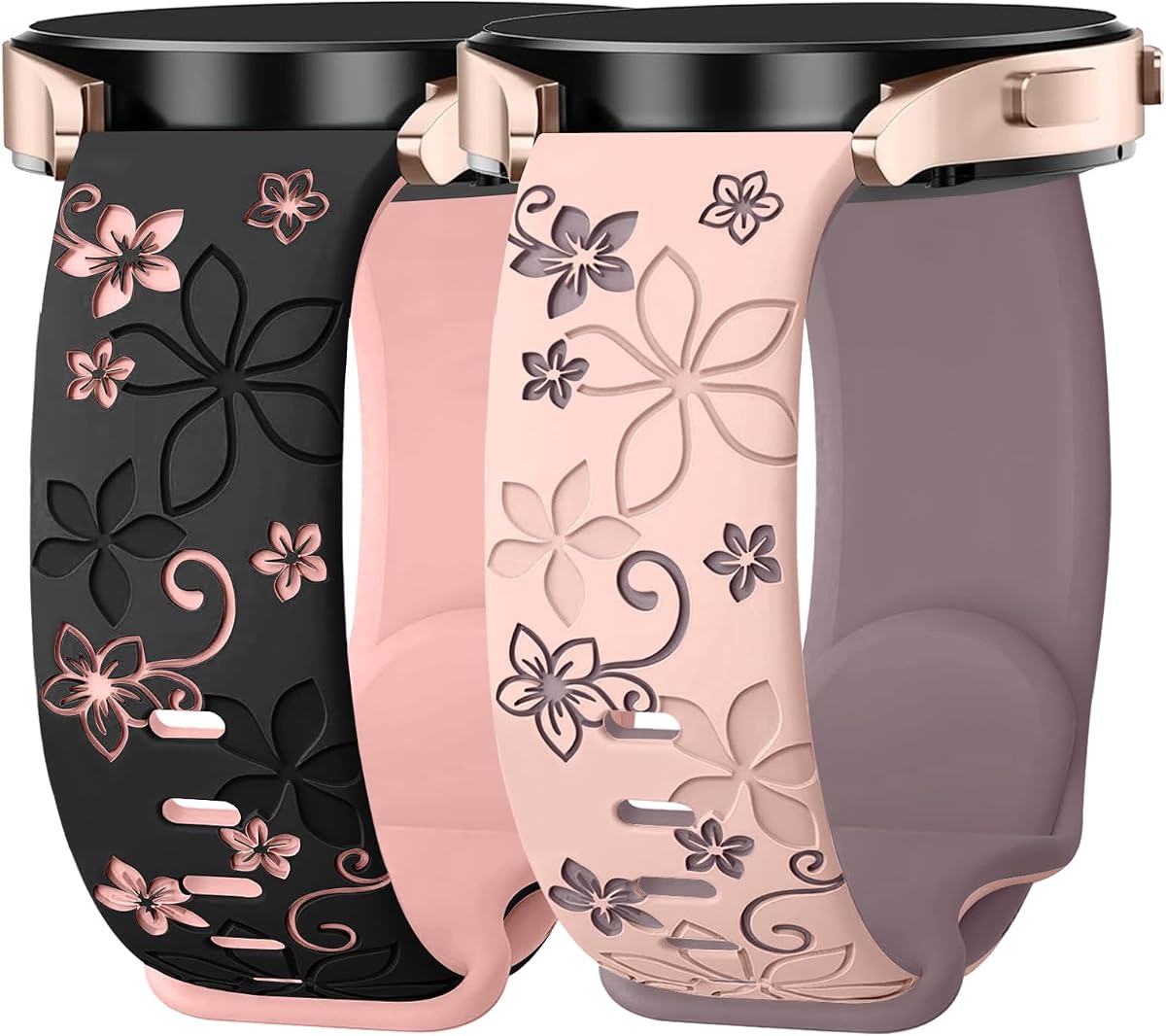 2 Pack Floral Engraved Bands for Samsung Galaxy Watch 20MM | Cute,Two-Tone,Soft Silicone,Sport Strap,Daily,For Women,For Galaxy Watch 7 6 5 4 FE 40mm 44mm/Active 2/Watch 3 41mm