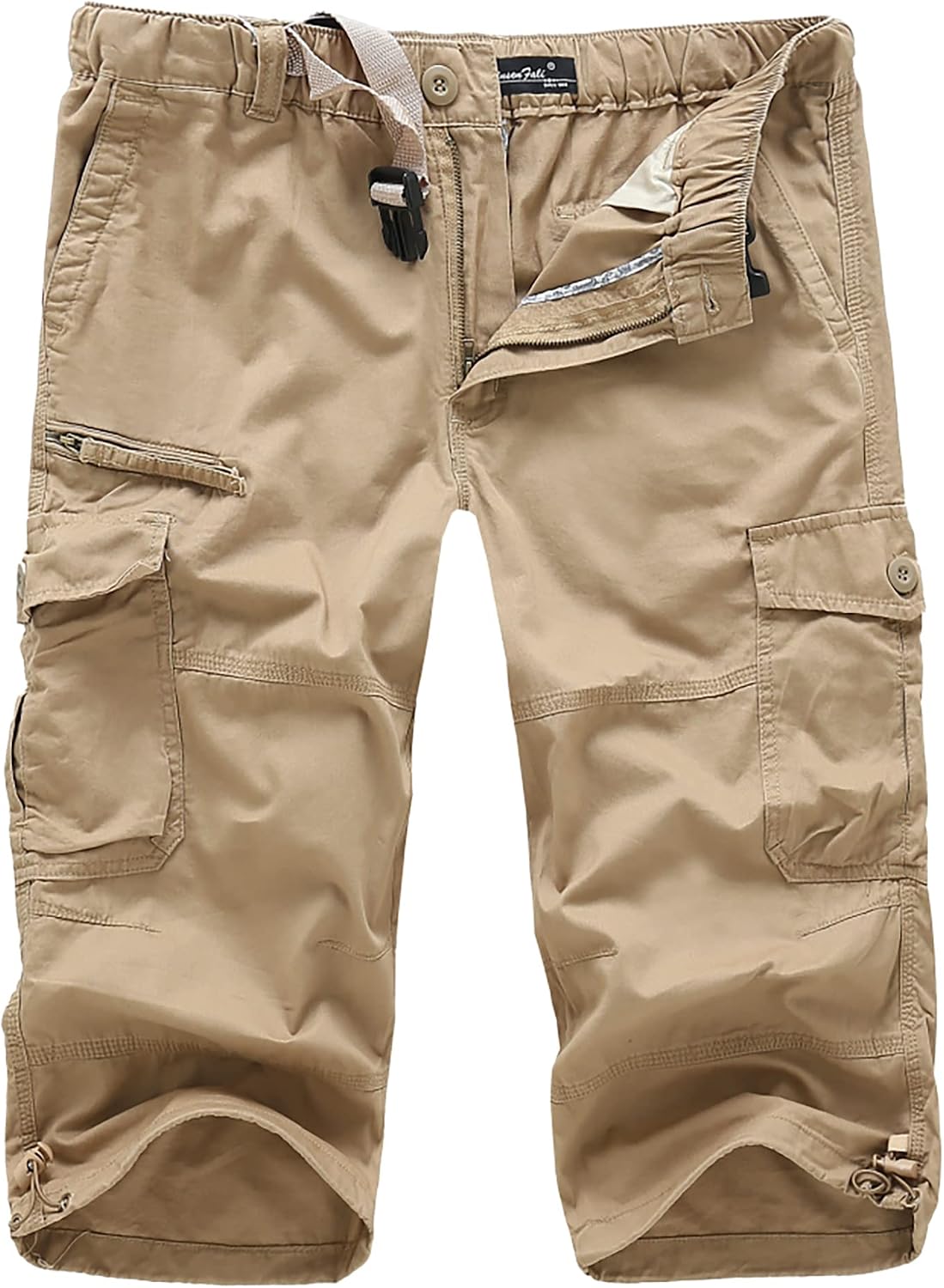 Mens 3/4 Long Cargo Shorts Loose Fit Elastic Work Capri Shorts Below Knee Casual with 7 Pockets Khaki 38