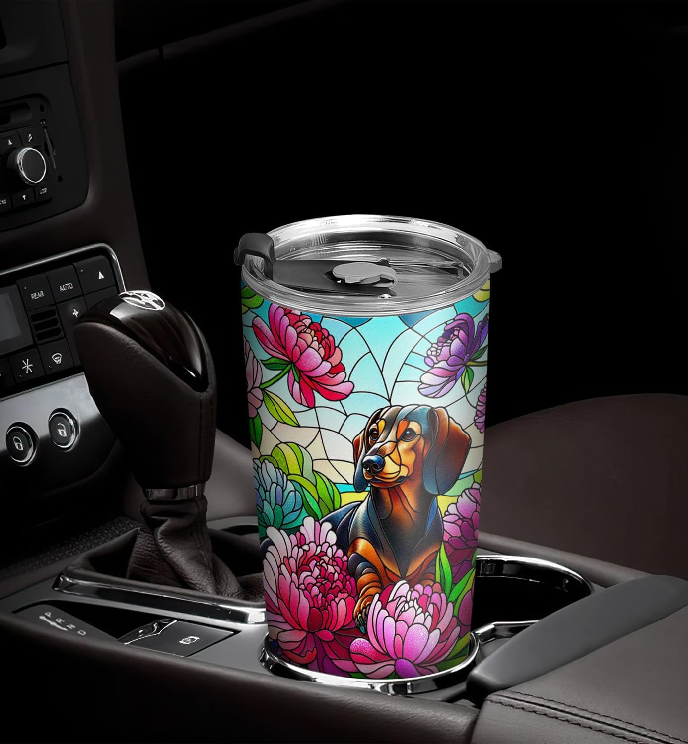 64HYDRO 20oz Colorful Mosaic Peony Flower Dachshund Tumbler, Gifts for Dachshund Lovers, Coffee Tumbler for Women, Stainless Steel Double Wall Vacuum Insulated Coffee Mug, Travel Cup with Lid