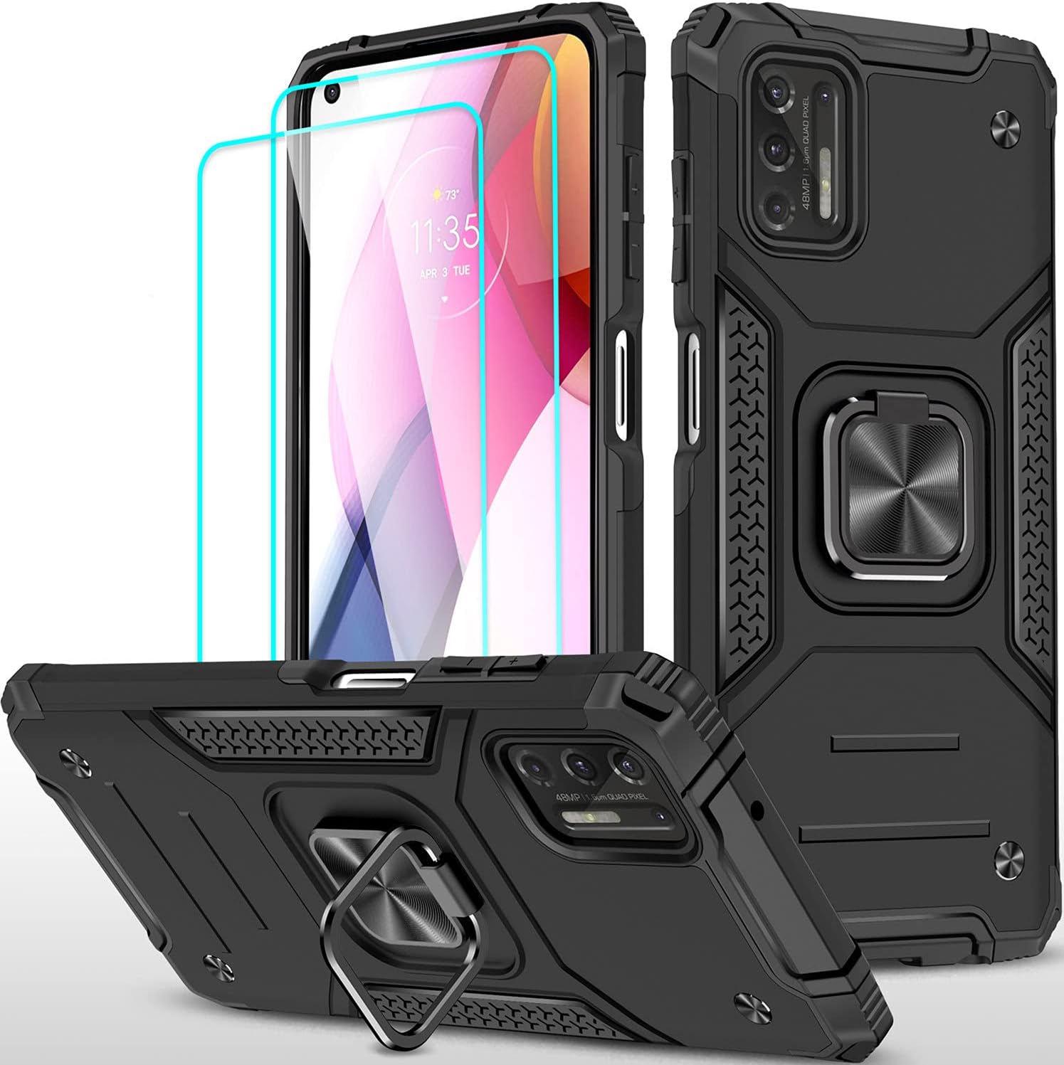 Amytor Designed for Motorola Moto G Stylus 2021 Case[2 x Tempered Glass Screen Protector][ Military Grade ]17Ft. Drop Tested Armor Protective Phone Case with Magnetic Car Mount Ring Kickstand (Black)