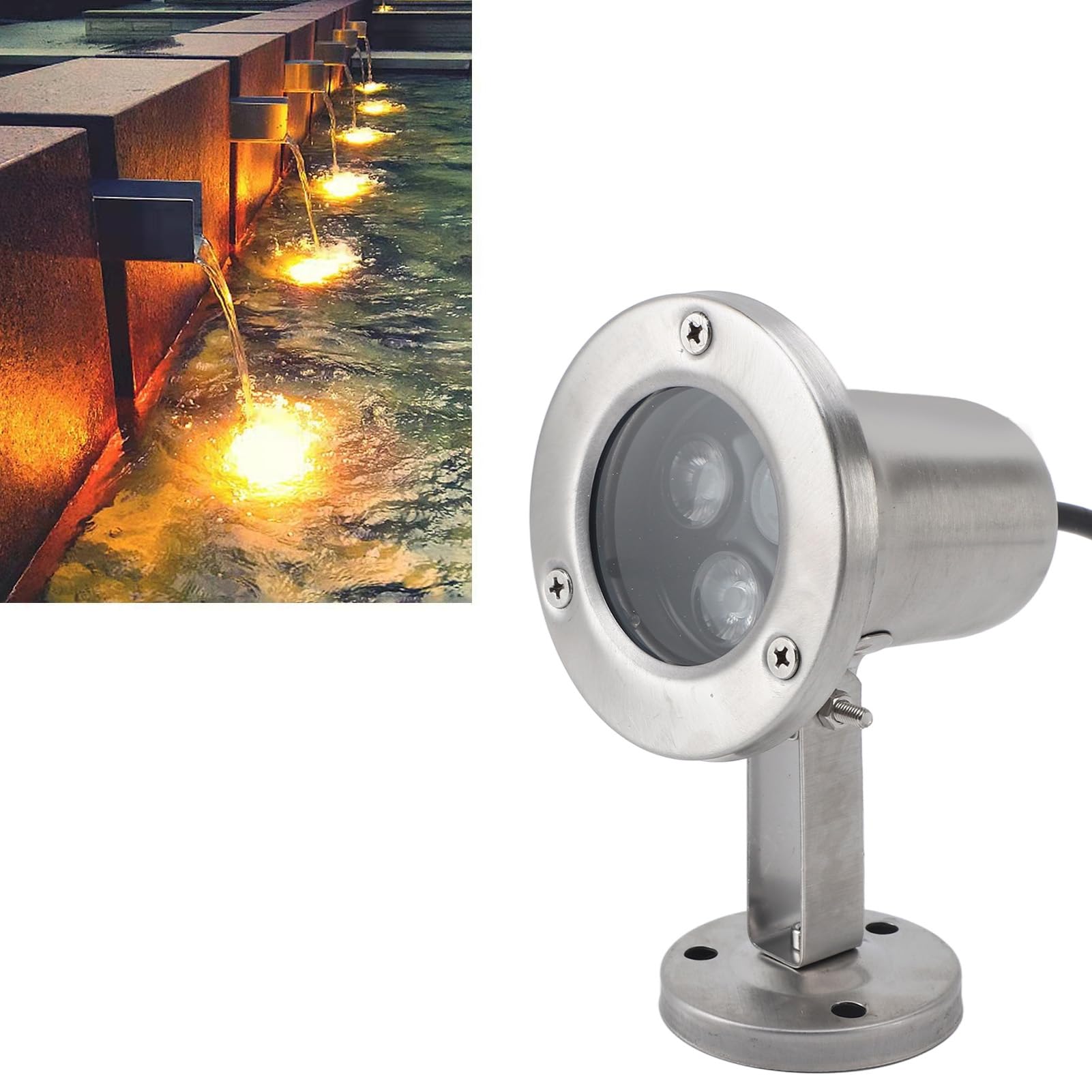 Foco Sumergible LED Impermeable de Acero Inoxidable para Estanque, Fuente, Piscina, Ambiente Subacuático (Blanco cálido)
