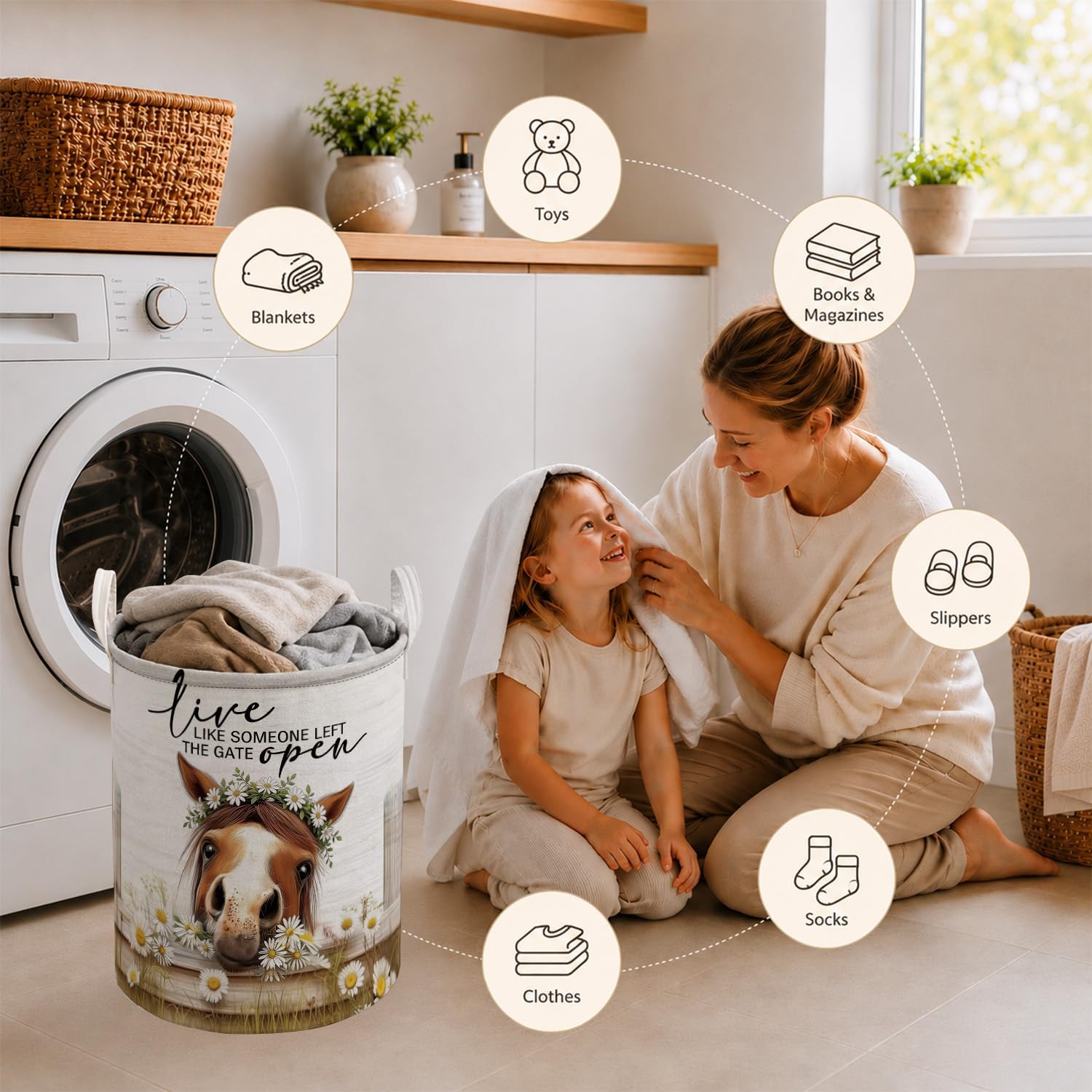 Farmhouse Daisy Floral Horse Laundry Basket, Horse Lovers Gifts Laundry Hamper Waterproof Collapsible Clothes Toys Storage Bin Organizer for Girls Room Bedroom Bathroom Home