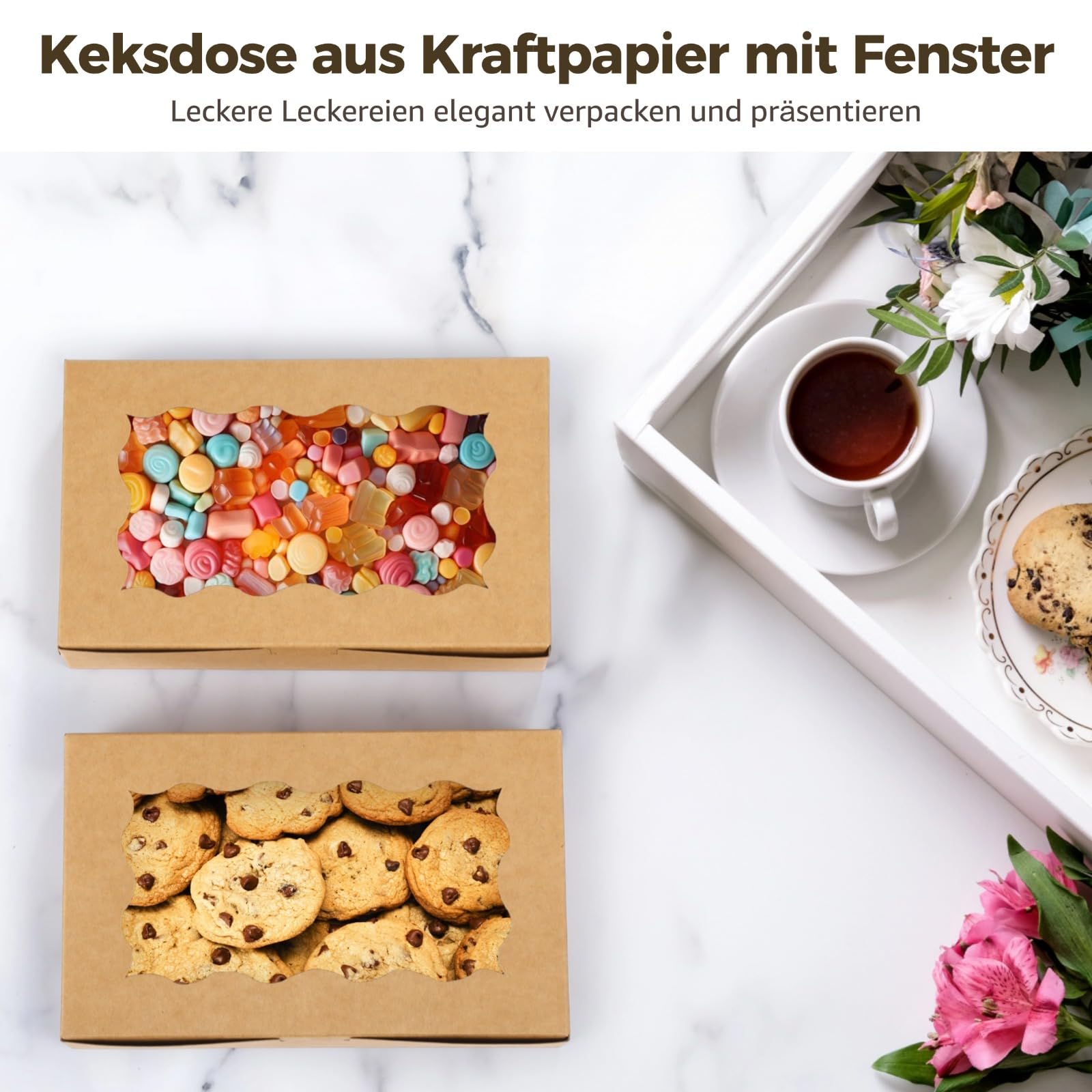 50 Stück Keksschachteln aus Kraftpapier mit Fenster, 18x11x4cm Keksschachteln aus Kraftpapier mit klarem Fenster, braune Leckereienschachtel, Bäckerei-Verpackungsschachtel für Desserts, Süßigkeiten