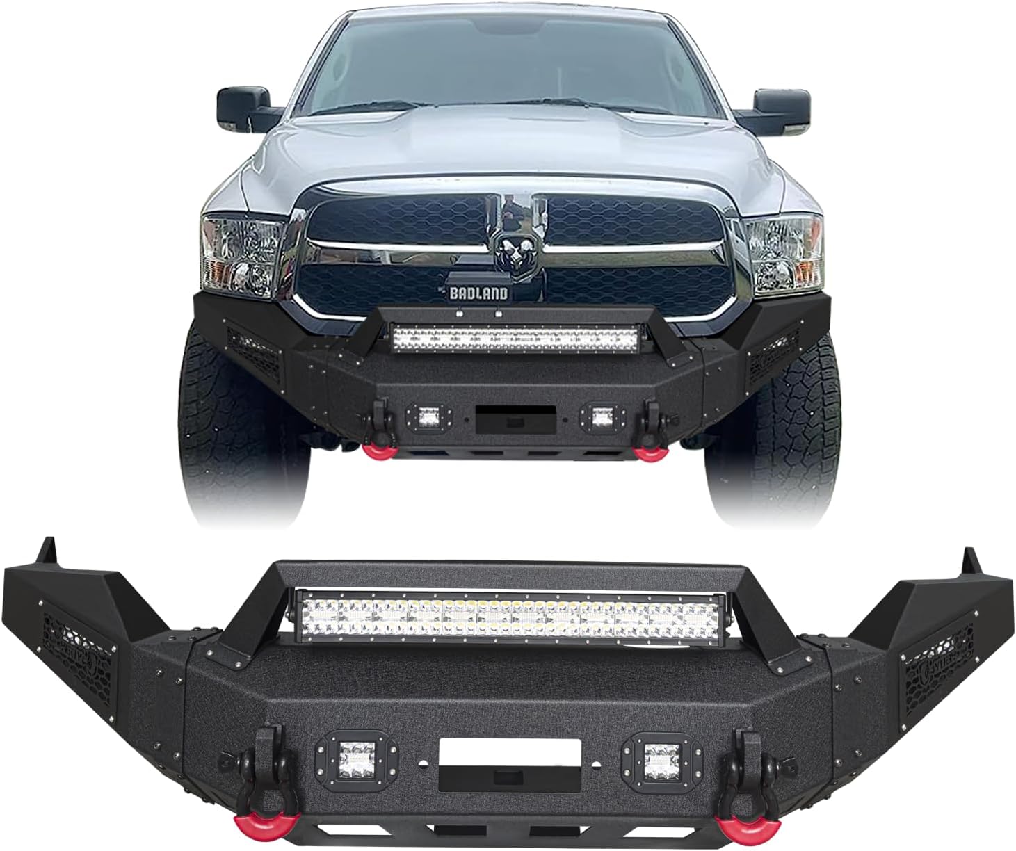 Front Bumper Black Texture Compatible with 2009-2012 Dodge RAM 1500 w/Winch Plate & 4x24W LED Lights & 1× 144W LED Lights & D-Rings