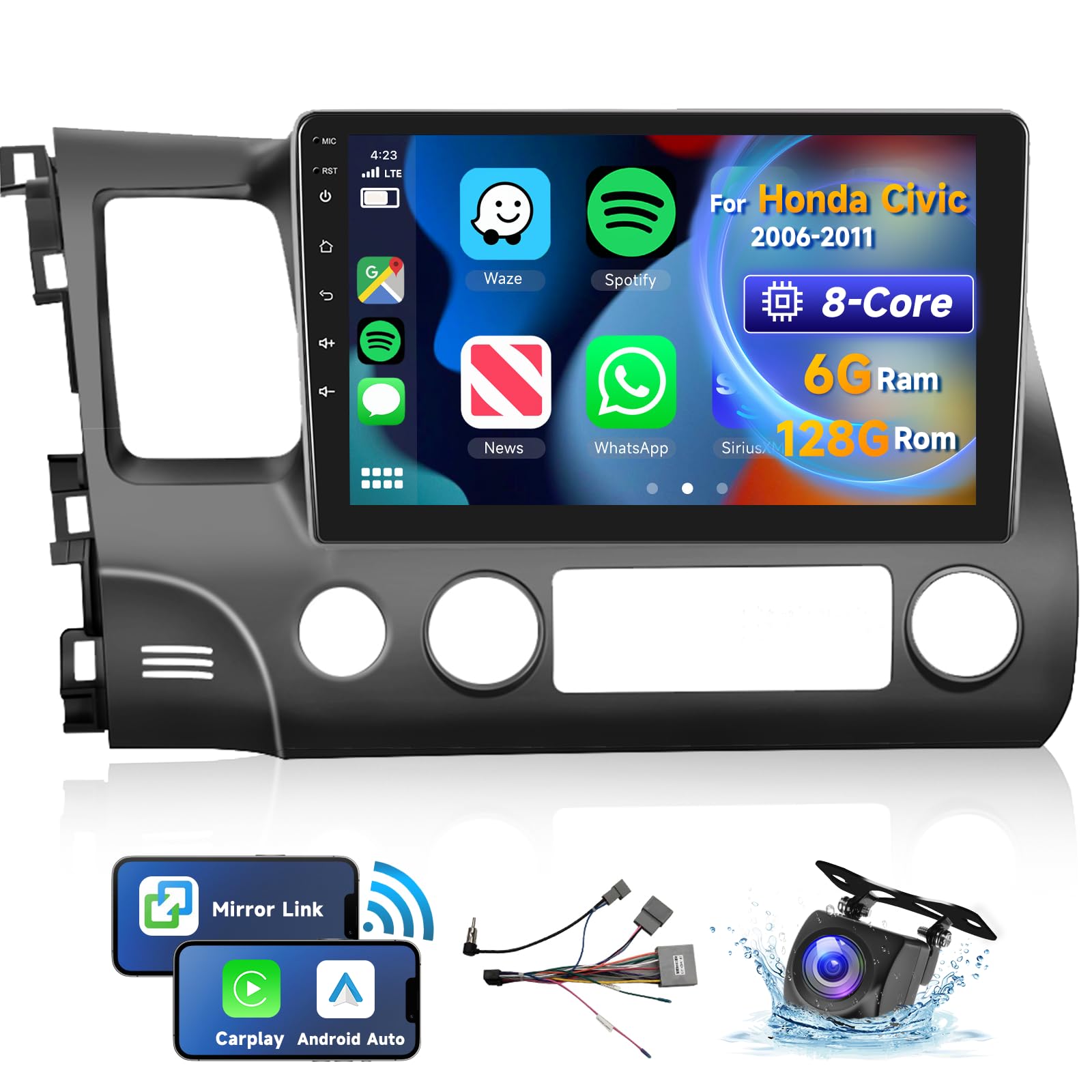 [8 CORE 6G+128G] for Honda Civic Car Stereo 2006-2011 with Wireless Carplay/Android Auto, 10.1 Inch Android 13 IPS Touch Screen Car Radio, Bluetooth,