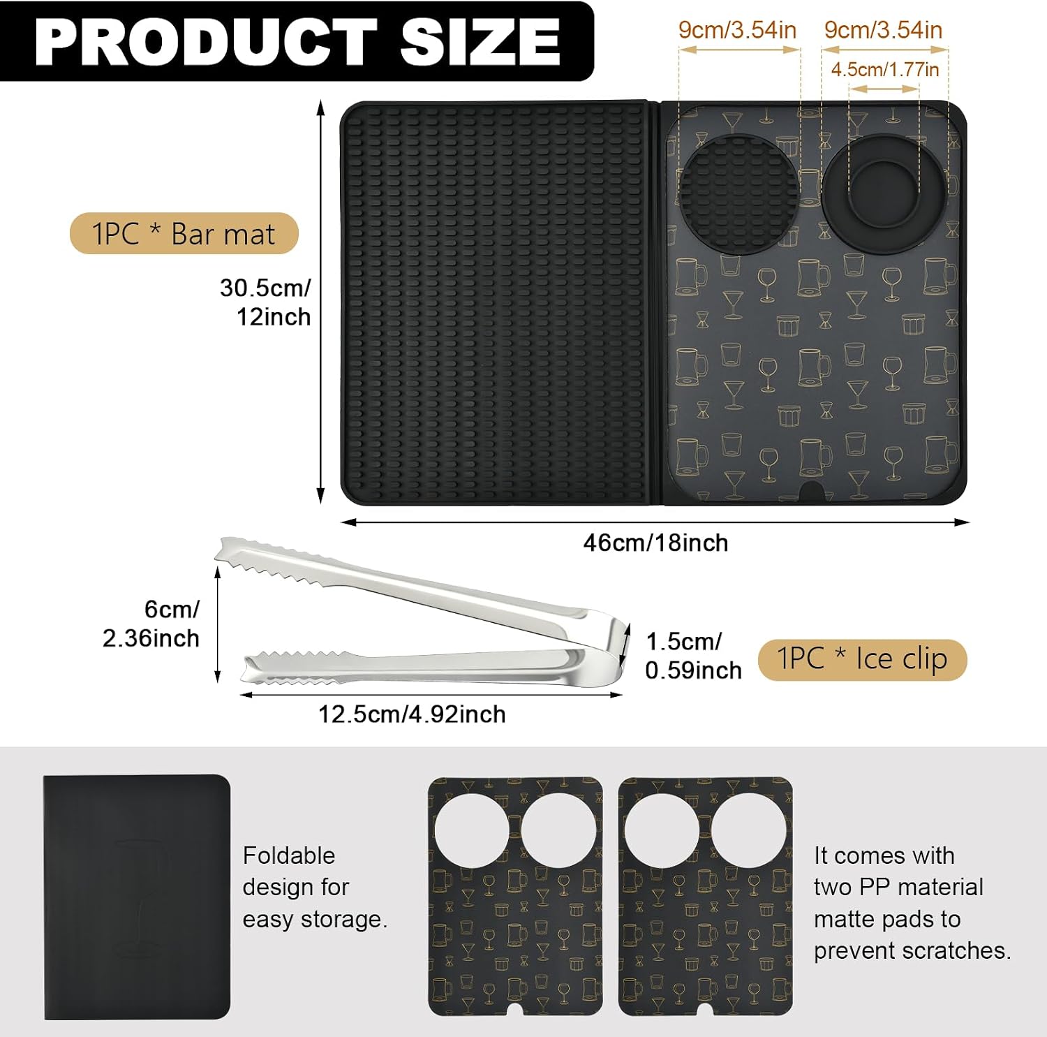 3-in-1 Folding Silicone Bar Mat 18"x12", Countertop Cocktail Bartending Mat