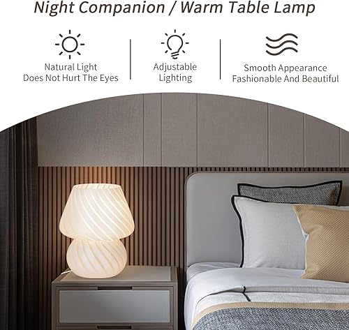 Miniatura 6 de HonoDing Lámpara pequeña de hongo, bonita lámpara de noche de cristal a rayas, lámparas de escritorio de estilo vintage, lámparas de noche para