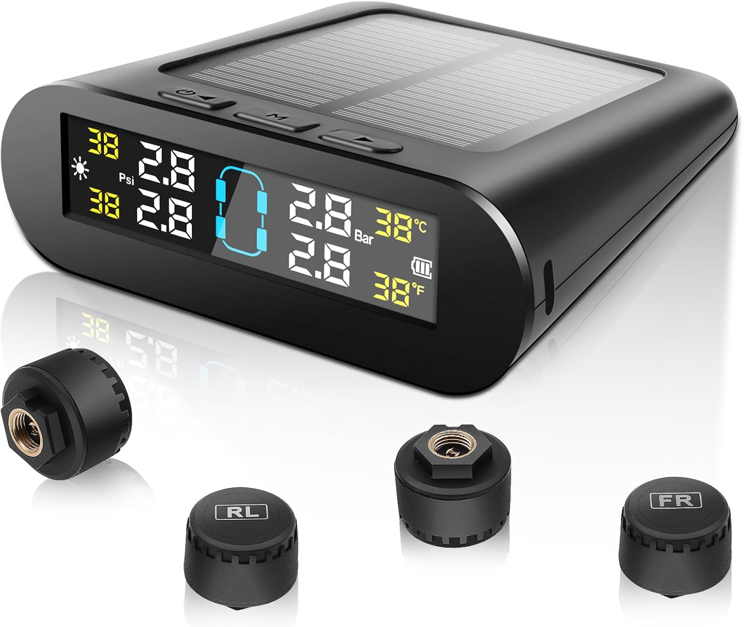Tire Pressure Monitoring System (TPMS) RV Tire Pressure Monitoring System Solar/USB Charger with 4 Sensors & 6 Alarm Real-time Display for sedans SUV MPV Pickup Truck RV 0-87PSI