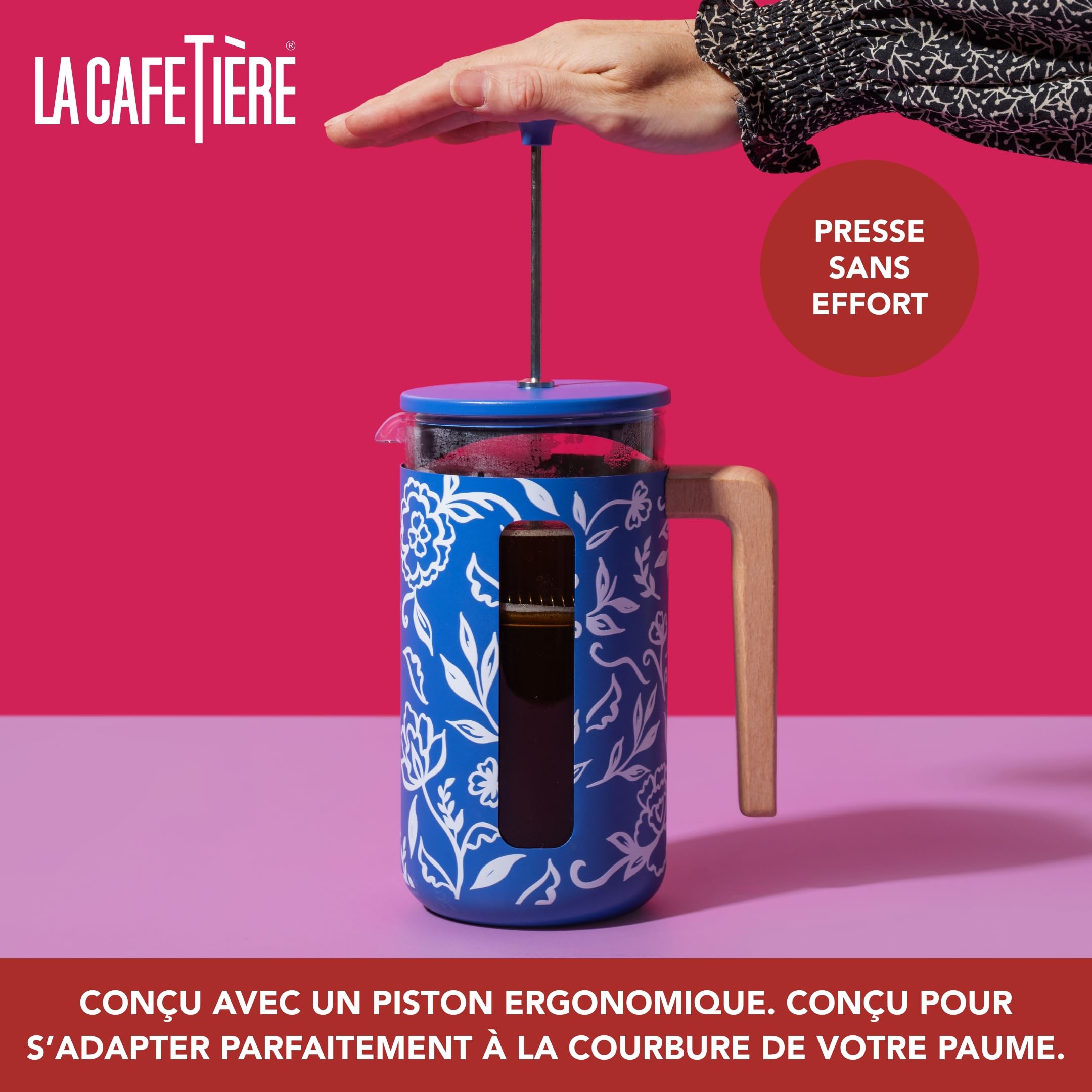 La Cafetière Pisa Grande cafetière à Piston Facile à saisir 8 Tasses 1 L avec Motif Floral, en céramique résistante à la Chaleur, idéale pour Le thé en Vrac et Le café moulu, Blu Fiorato