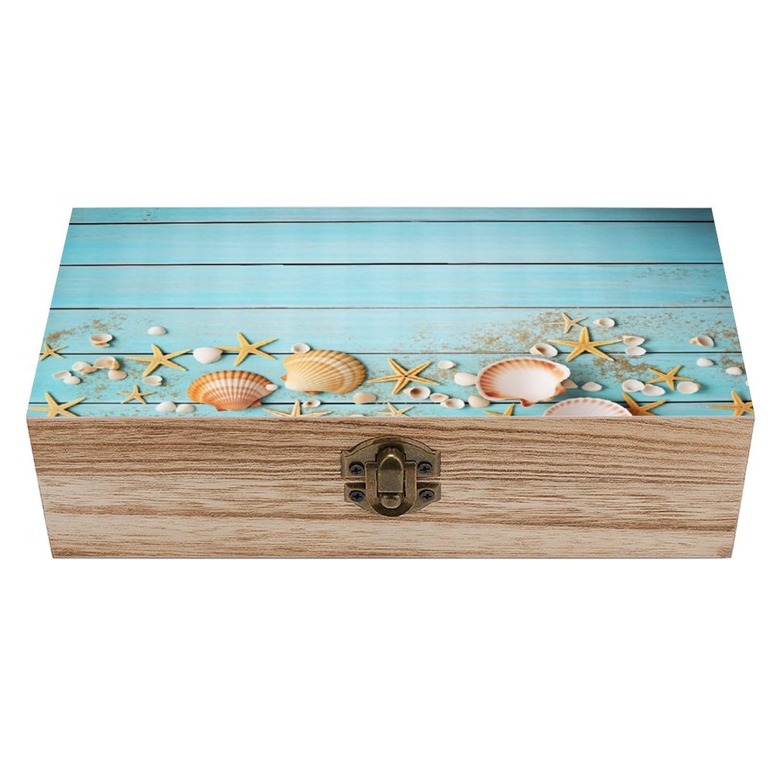 HLBSDM Seashell Starfish Beach Wood Vintage Wooden Keepsake Box with Hinged Lid And Locking Clasp, Decorative Storage Box for Jewelry, Trinkets And Small Accessories, Organizer for Home Or Wedding
