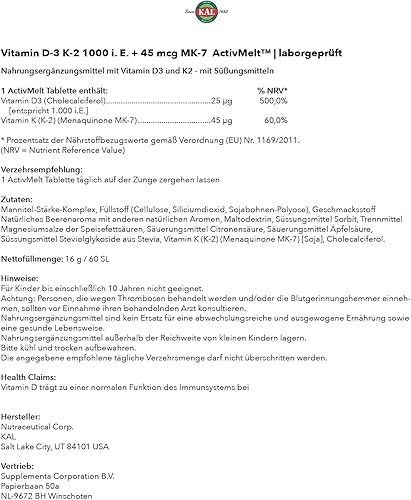 Miniatura 6 de KAL Vitamina D3 K2 ActivMelt, suplemento de apoyo para la salud ósea, el corazón y el sistema inmunológico con D3 1000 UI y MK7 Vitamina K2,