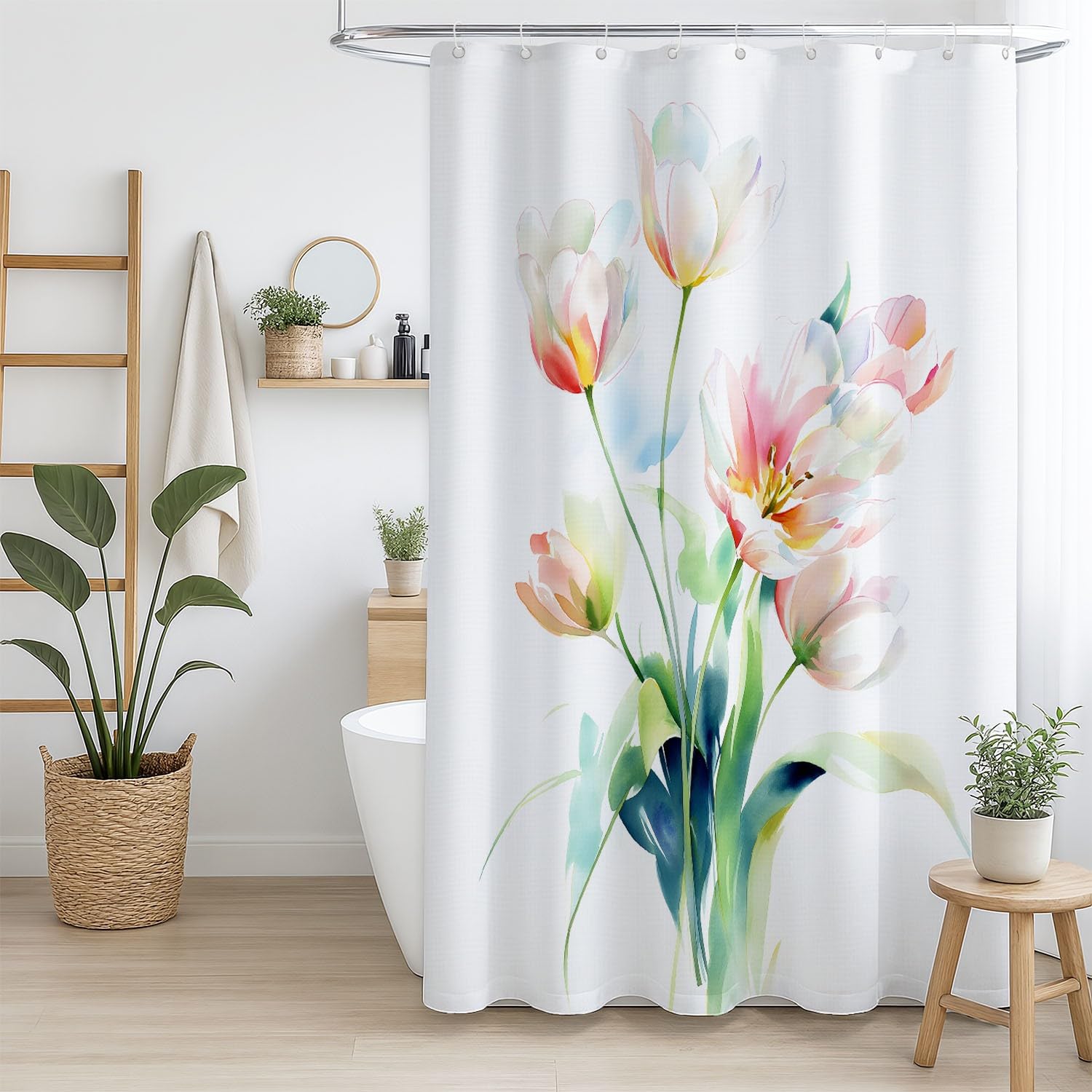 Generisch Zasłona prysznicowa 200 x 200 cm, zestaw 1 szt., mikrofibra, wodoszczelna i odporna na pleśń, nadaje się do prania, do łazienki i wanny, z oczkami i haczykami, biała, akwarela, delikatne