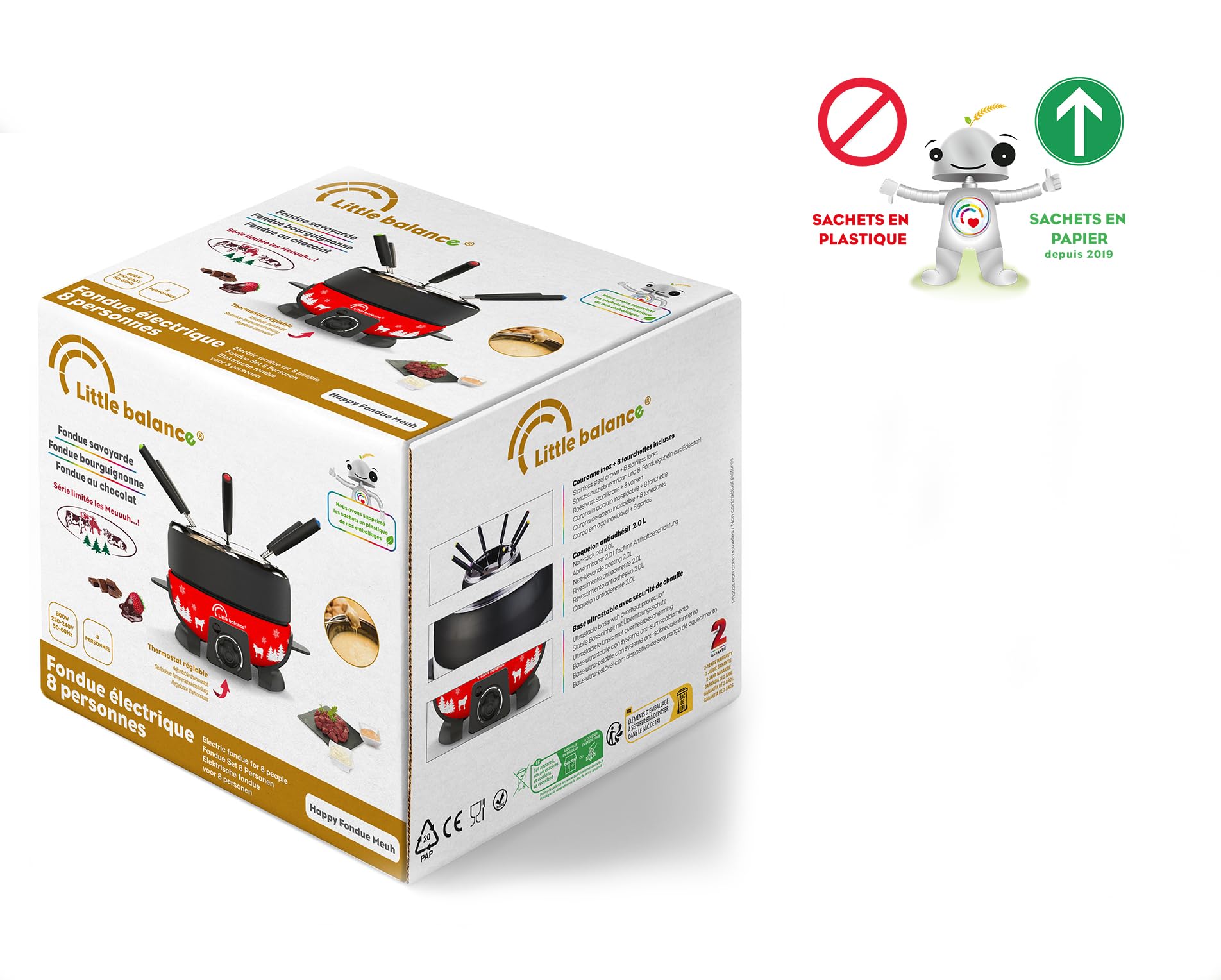 LITTLE BALANCE 8689 Happy Fondue 8 Meuuuh, Apparecchio per fonduta 8 persone, Caquelon antiaderente 2l, 800 W, Rosso