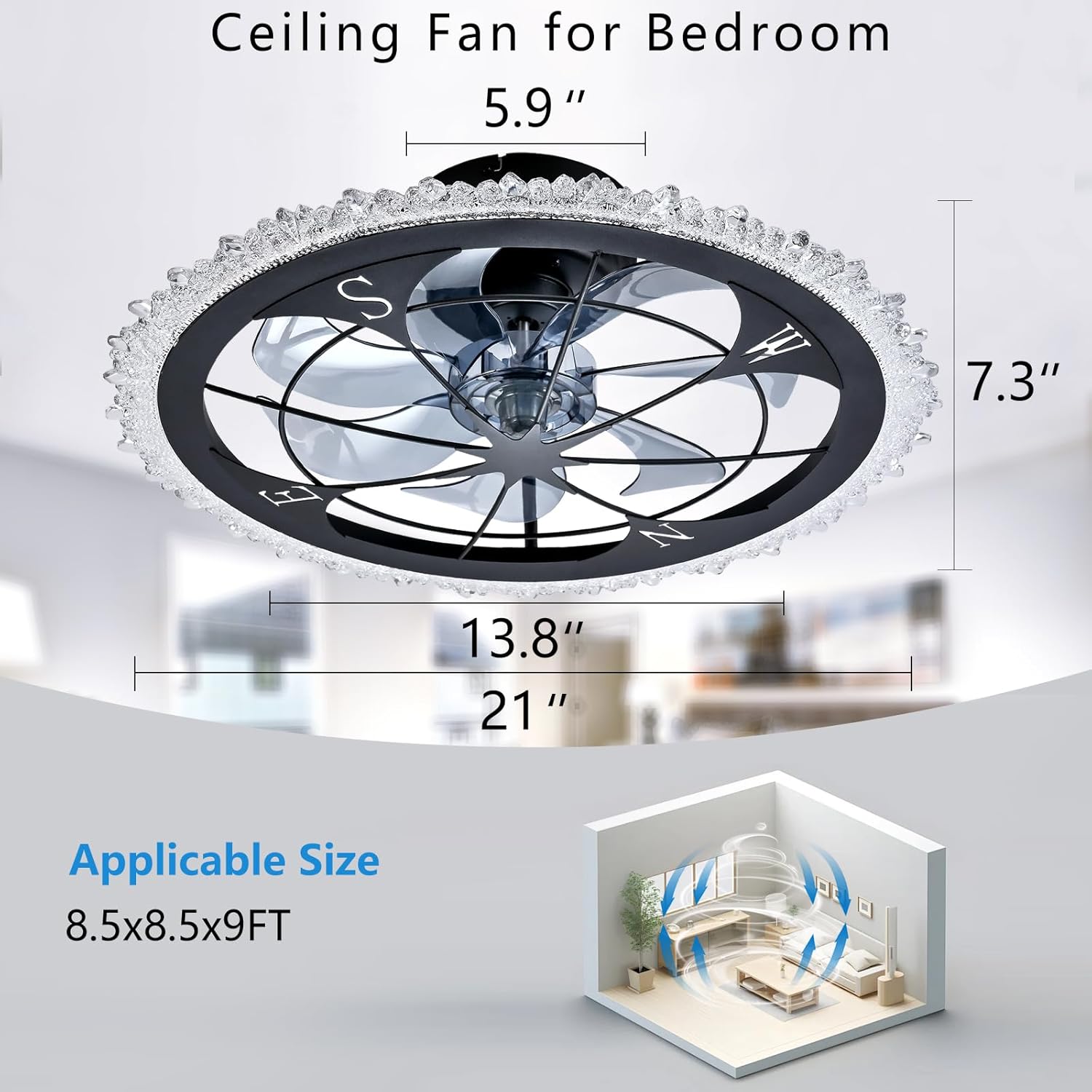 Vintage Caged Ceiling Fan with Light and Remote, Black Flush Mount Ceiling Fans, Low Profile Fandelier Ceiling Fan, 3 Colors Dimmable LED Lights, for Farmhouse, Kitchen, and Bedroom