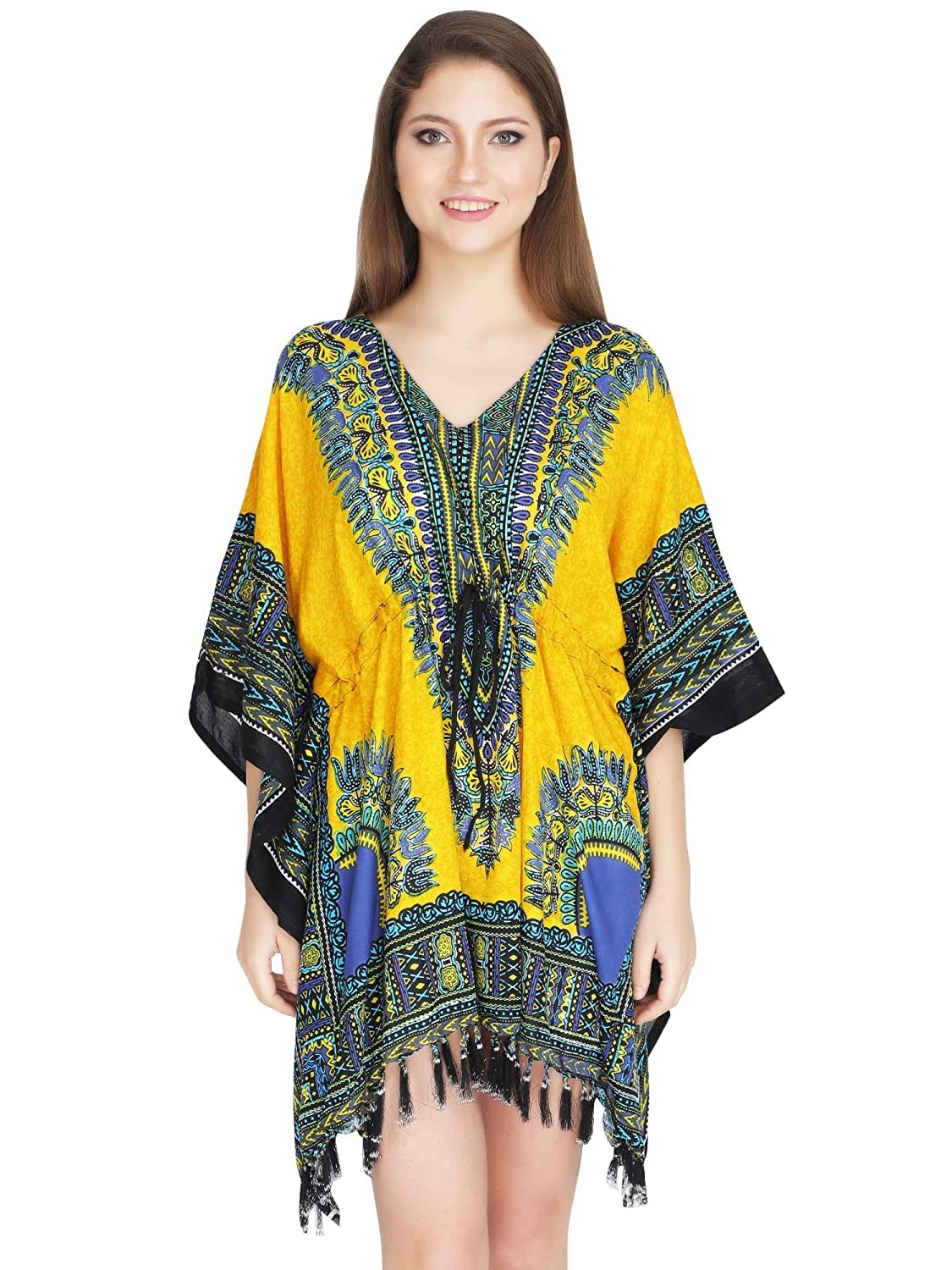 ukal Women's and Girl's Short Dashiki Print Kaftan Dress Beach Wear Kimono Nighty (Medium, Yellow)-picture-24