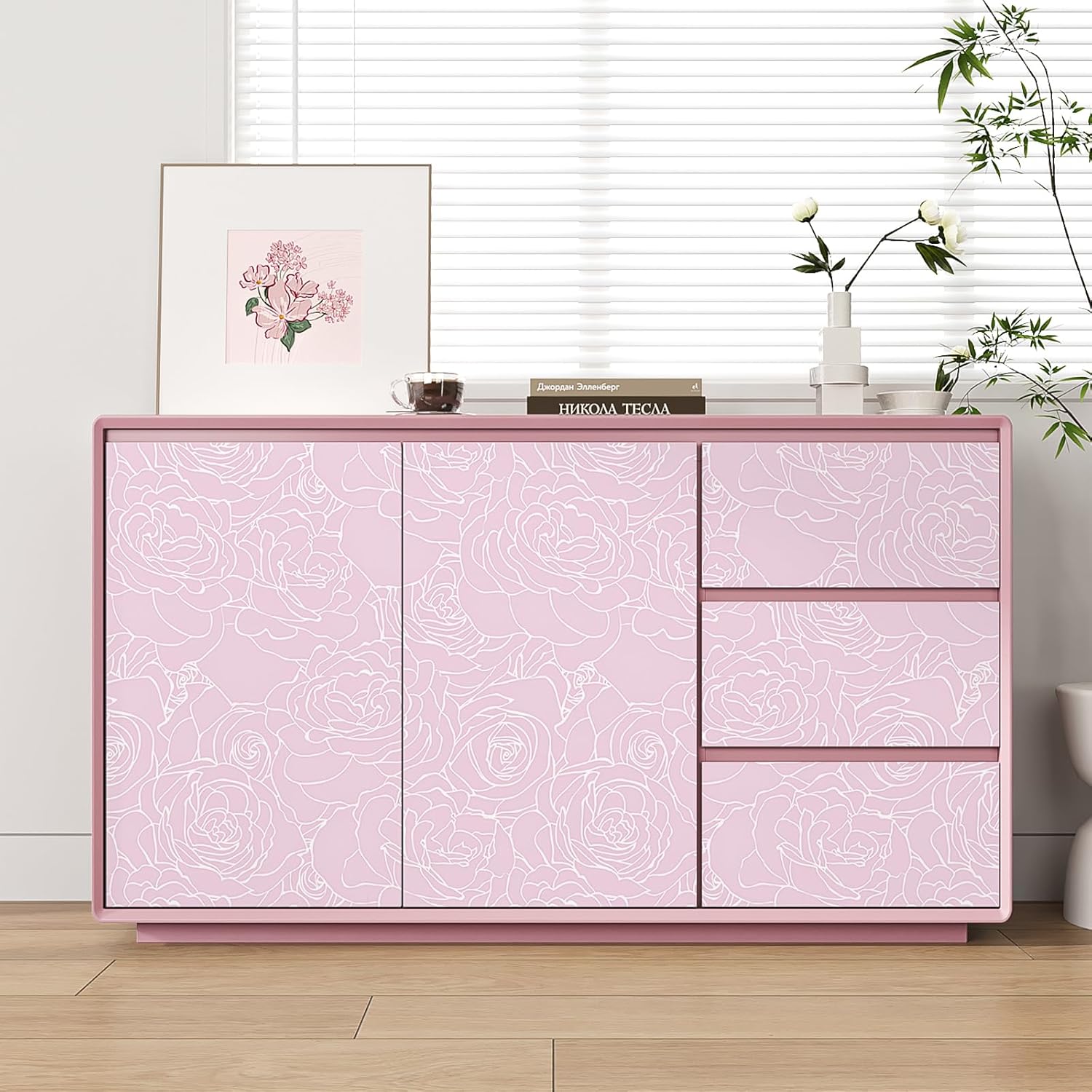 VEELIKE Outline Rose Flower Wallpaper Peel and Stick Vintage Pink Floral Wallpaper for Bedroom Nursery Bathroom 17.7''x354'' Self Adhesive Removable Wallpaper Pink Contact Paper for Cabinets Walls