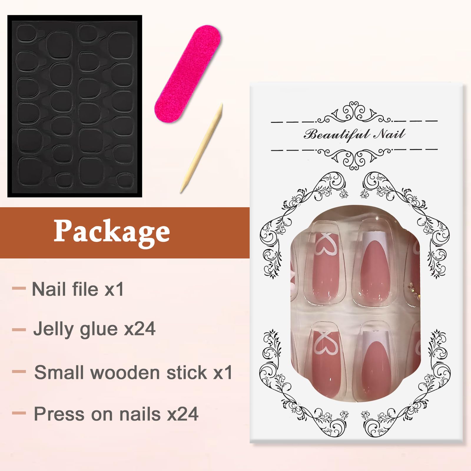 Viugex 24Pcs Pink Press on Nails Long Coffin, White French Tip False Nails with 3D Bow and Love Designs - Image 4