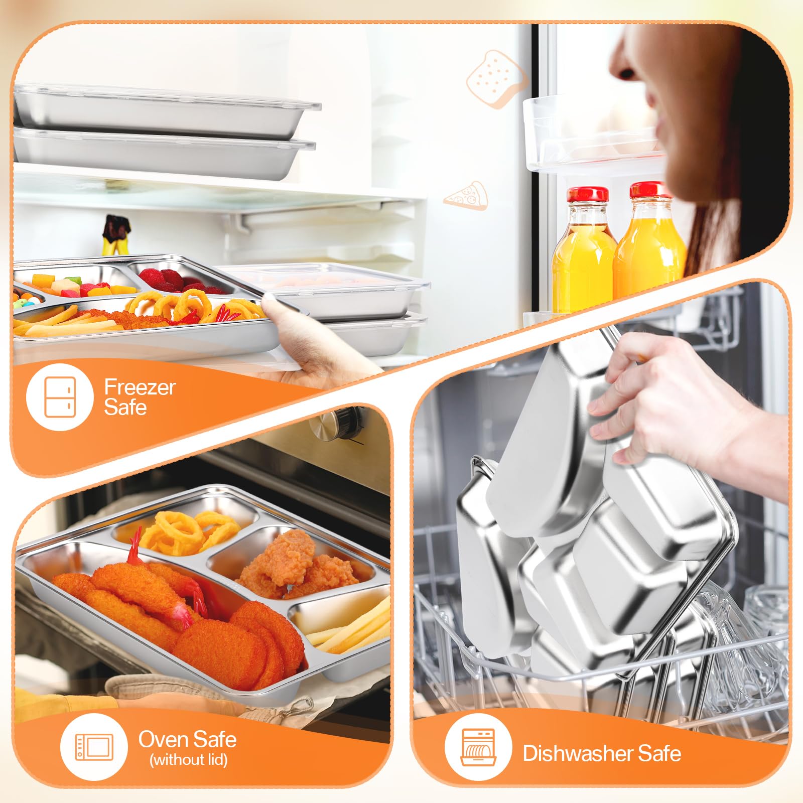 Patelai Lot de 6 boîtes à goûter en acier inoxydable avec couvercles transparents - 4 compartiments - Boîte à bento réutilisable - Pour le bureau, la maison, les voyages