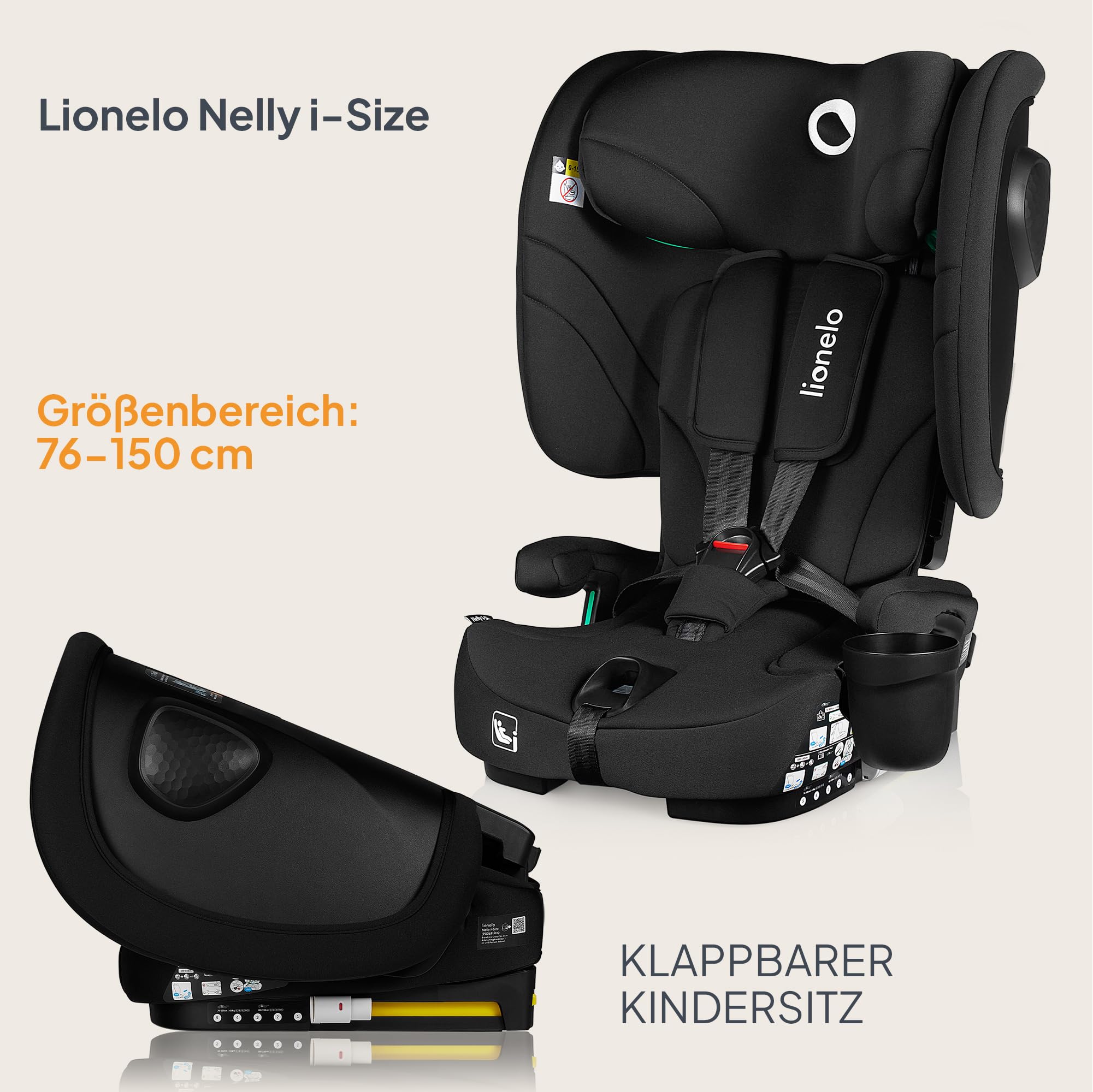 LIONELO NELLY I-SIZE Faltbarer Kindersitz 76-150 cm (ca. 15 Monate - 12 Jahre) Gruppe 1 2 3 Einbau mit ISOFIX und TT-Gurt hinten, Seitenschutz, Kopfstützen- und Rückenlehnenverstellung