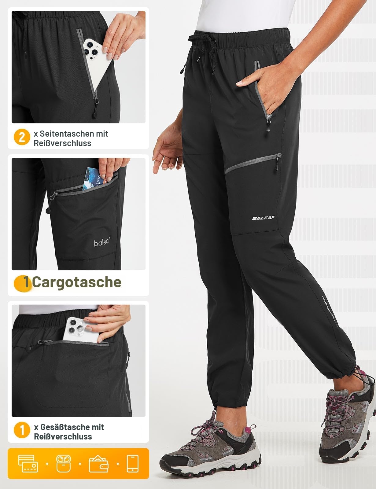 baleaf Damen Outdoorhose Wanderhose Wasserdicht Schnelltrocknend Leicht Trekkinghose Capris UV Schutz UPF 50 Funktionshose mit Reißverschlusstasche