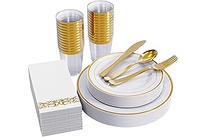 Golden Plastic Plates: FOCUSLINE 175-Piece Disposable Dinnerware Set for 25 Guests