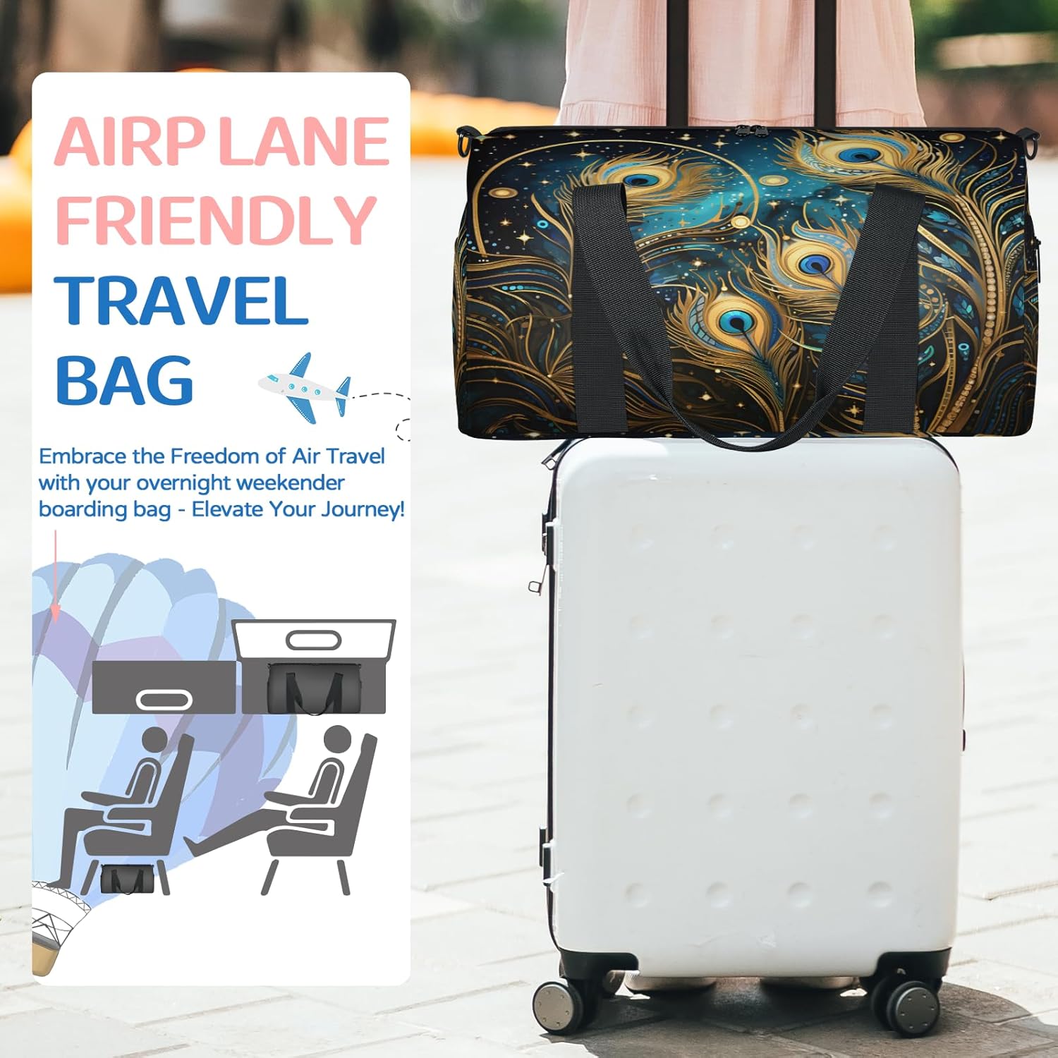 Sports Duffel Bag Animals Peacock Feather Foldable Travel Tote Bag Weekender Overnight Carry On Bags, Peacock Feather Eye Waterproof Gym Tote Bags