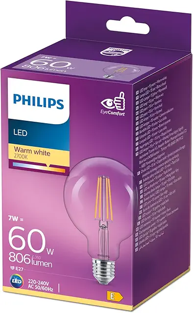 Philips LED Globe Bulb E27 - Warm White Retro Filament Lamp - Energy Efficient