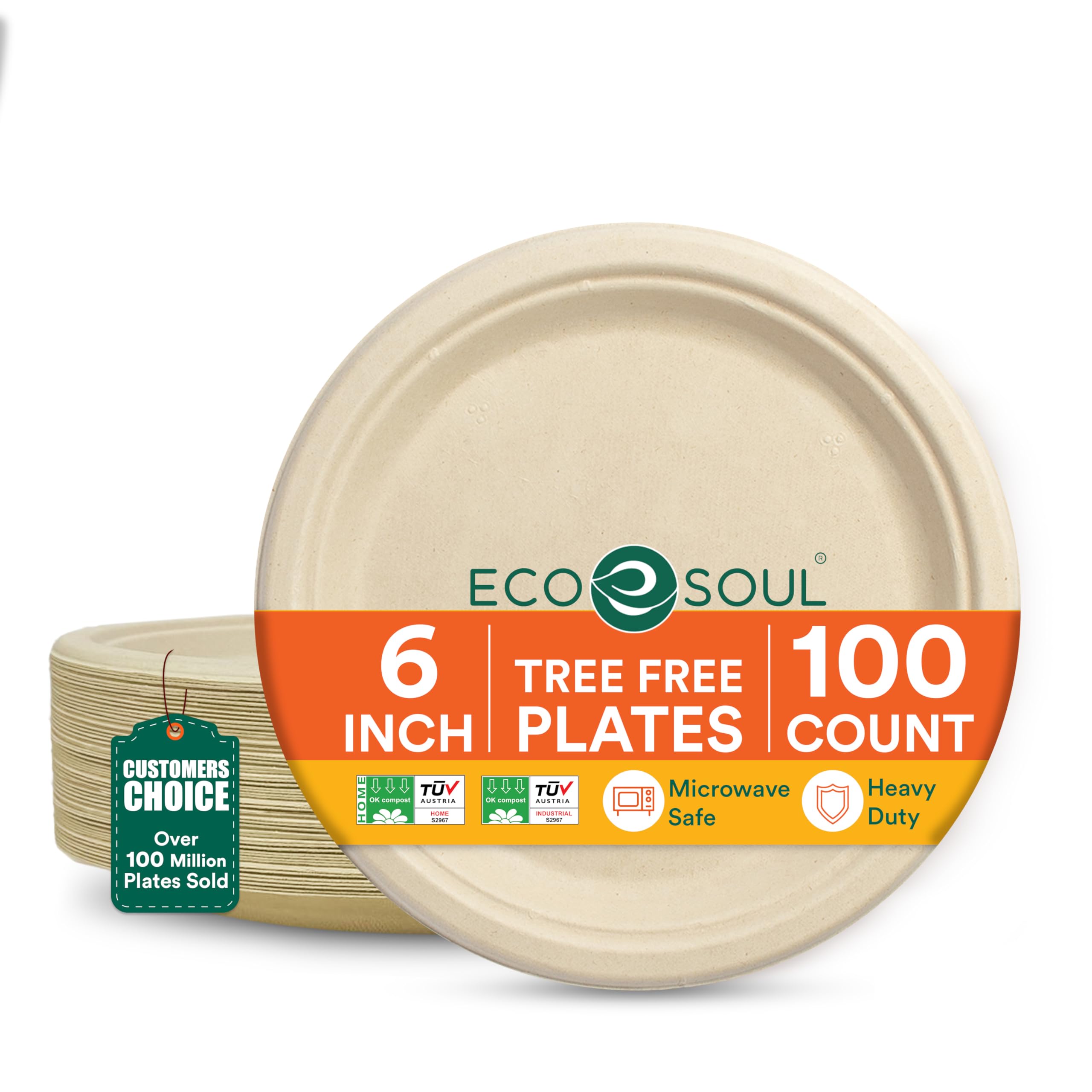 ECO SOUL 6 Inch Compostable Bagasse Plates, 100 Pack