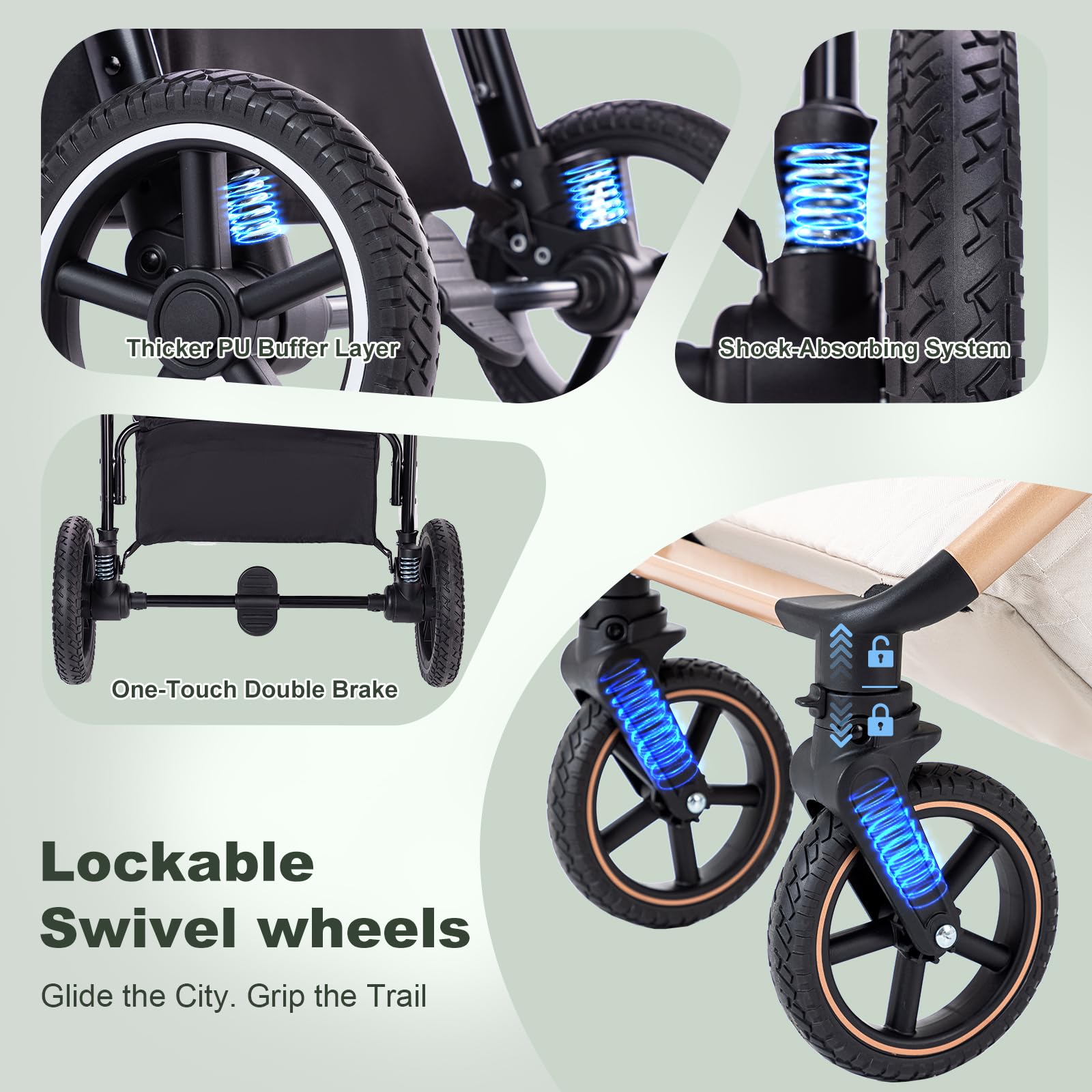 Cochecito 3 en 1 con Silla de Coche, Carrito bebé Plegable, Manillar 7 Alturas, Suspensión 4 Ruedas, Funda de Lluvia y Mosquitera, Sistema de Viaje para Recién Nacidos 0-3 Años (15kg)