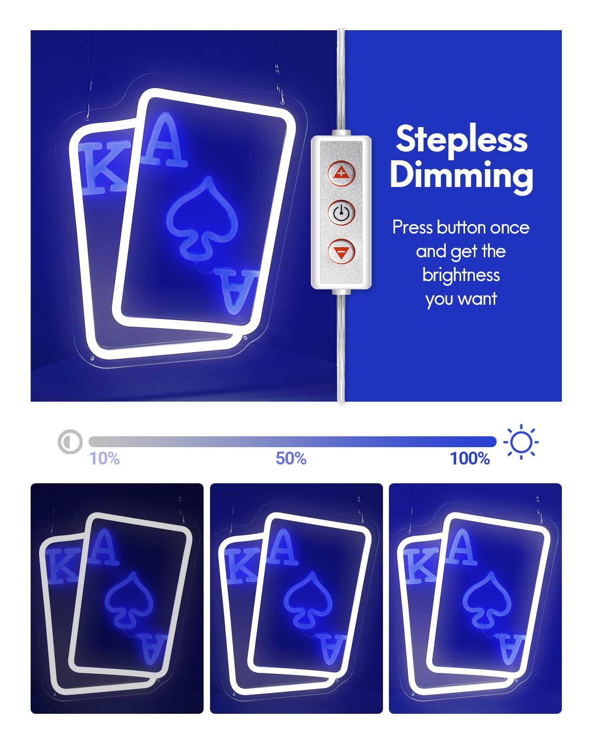 GAME ON Neon Sign for Wall Decor, LED Neon Gamer Sign for Arcade Room, Game Room, Bedroom, Kids, Boyfriend, Gifts Stepless Dimmable: Blue-Poker Medium Size