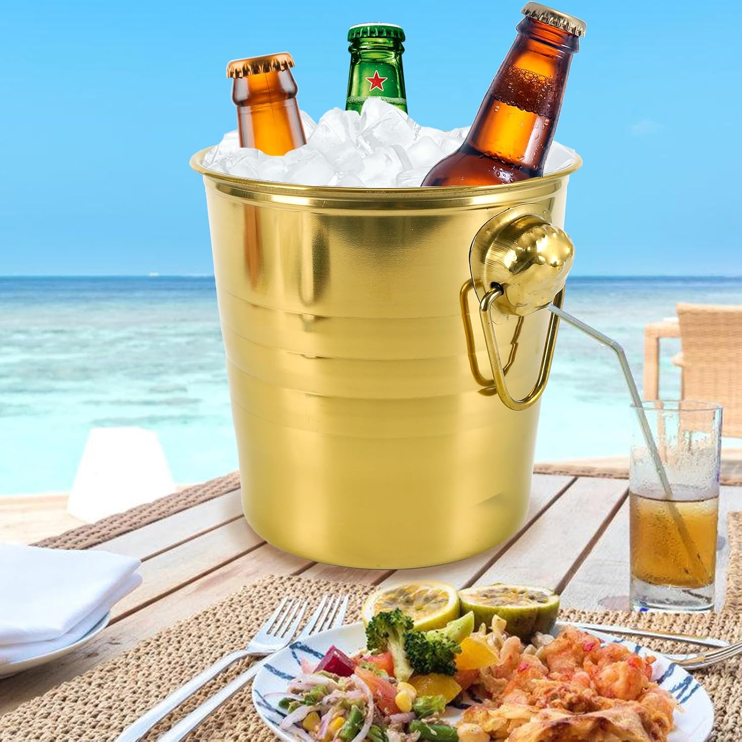 4 Pcs Stainless Steel Champagne Bucket, 3 Qt Double Wall Ice Bucket with Handles, Metal Wine Chiller for Champagne, Beer, Cocktails, Home Bar, Party Beverage Cooler (Gold)