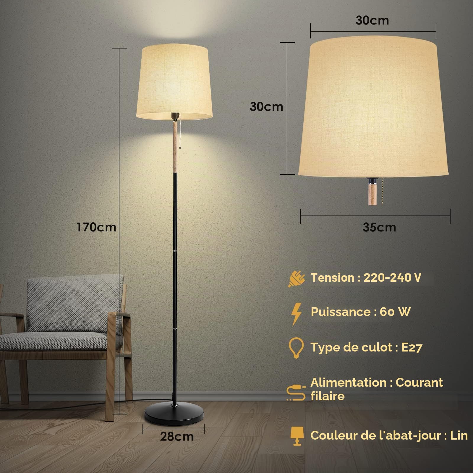 Lampadaire sur Pied Salon, Lampadaire avec Abat-jour en Tissu, Douille E27, Max. 60W, Lumière Douce Naturelle, pour Salon, Chambre, Bureau, Salle à Manger, Hauteur 170cm (Ampoule non incluse) (Beige)