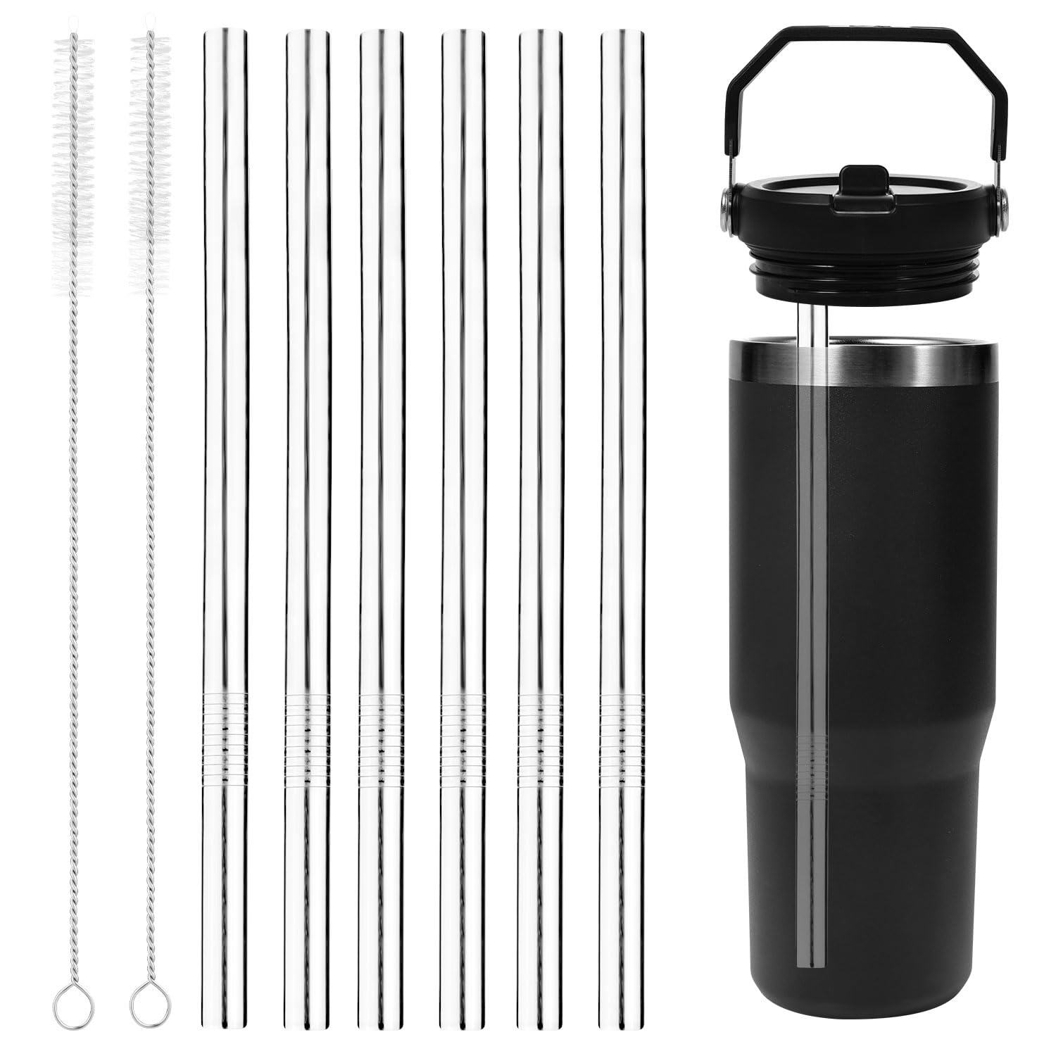 Stainless Steel Accessories for Stanley Iceflow Flip 30oz, 6 Pack Reusable Replacement Stainless Steel Straws with 2PCS Straw Cleaner Brushes for Stanley Accessories