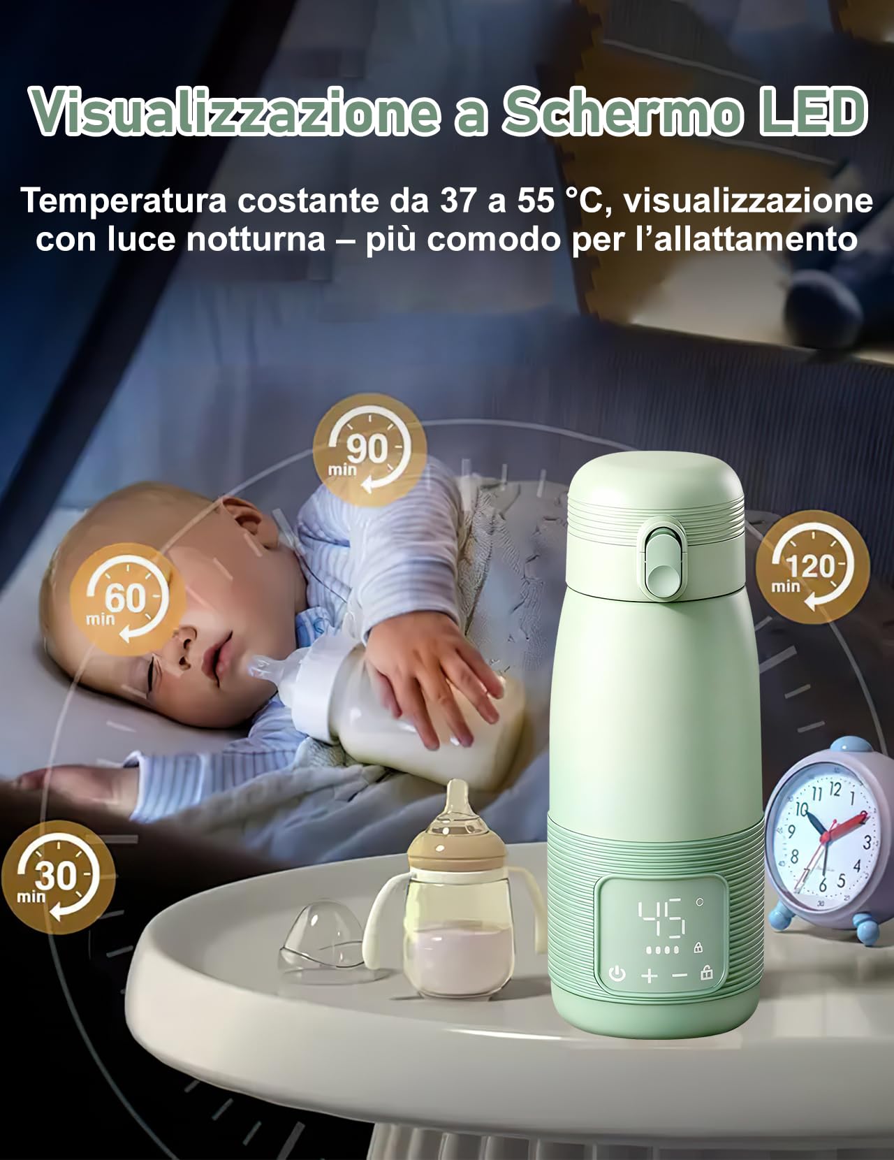 Scaldabiberon Portatile, Scaldabiberon da 500 ml per Bambini in Viaggio | Controllo Preciso Della Temperatura da 37 a 55 Gradi Regolabile per L'alimentazione Notturna in Viaggio