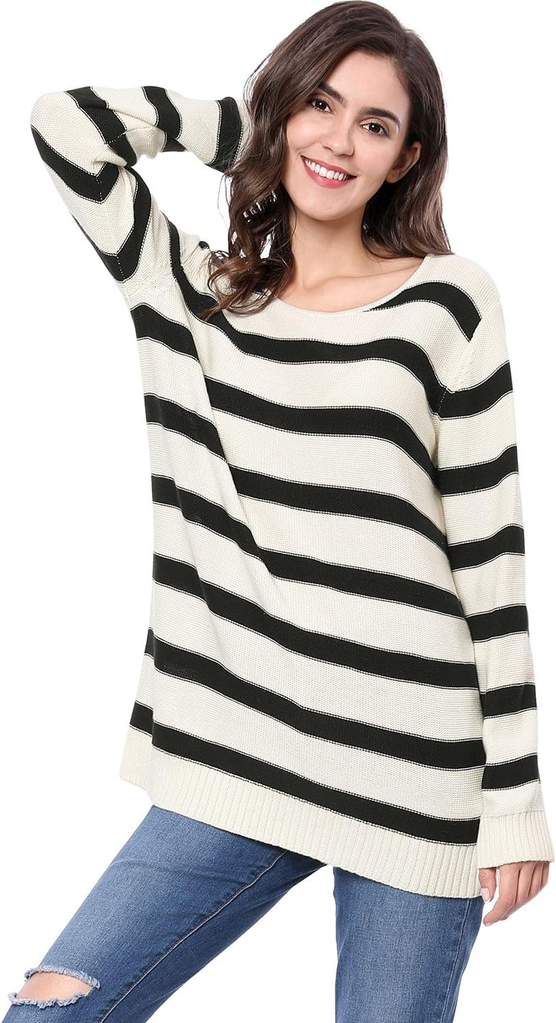 Allegra K Women's Fall Tops 2025 Striped Drop Shoulder Round Neck Long Sleeves Pullover Sweater - Image 3