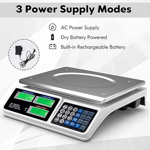 Miniatura 7 de S AFSTAR Báscula de computación electrónica de precios, báscula de pesaje de frutas y verduras de alimentos, 66 libras, batería recargable,