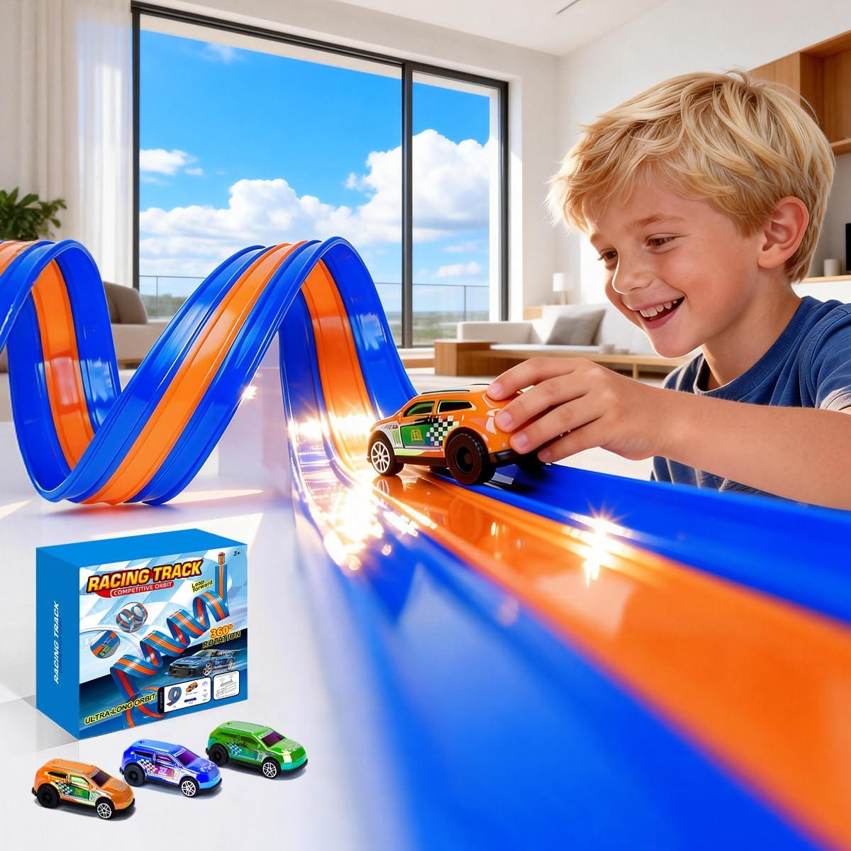 3-Lane Flexible Race Track for Kids 16.4 FT Race Car Track Compatible with Hot Pull-Back Wheels Diecast 1/64, 3 High-Speed Pullback Cars, DIY Racetrack Toy Strong Suction Cups (3399-Orange)