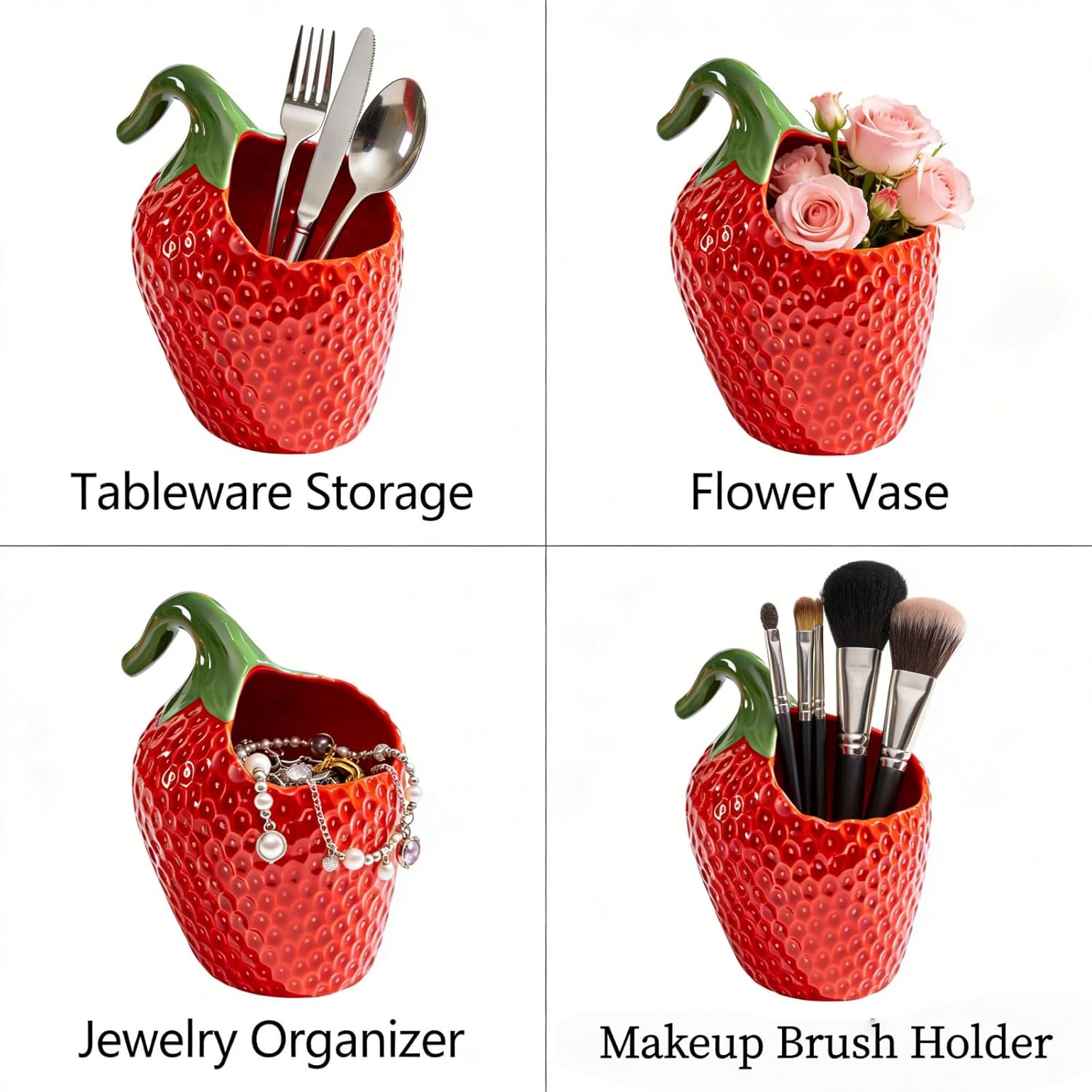 HAN SHENG Decorative Ceramic Strawberry Utensil Holder - Cute Kitchen Countertop Organizer for Spoons, Forks & Cooking Tools, Durable Flatware Storage, Stylish Home Decor Gift Idea