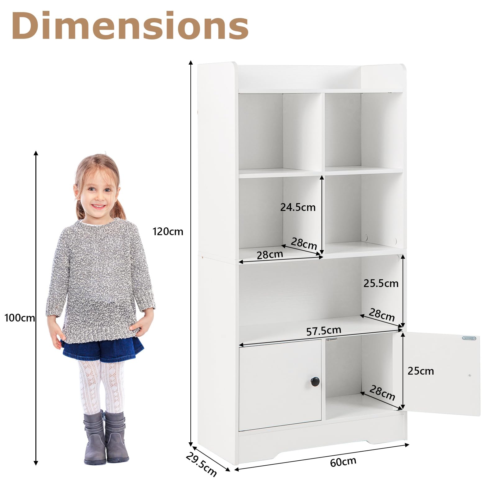 KOMFOTTEU Libreria Scaffale con 5 Scomparti e 2 Armadi, Libreria a Cubi da Terra con Dispositivo Anti-Ribaltamento, Mobile Soggiorno in Legno, da Ufficio, Cameretta, Studio, Bianco, 60 x 29,5 x 120 cm
