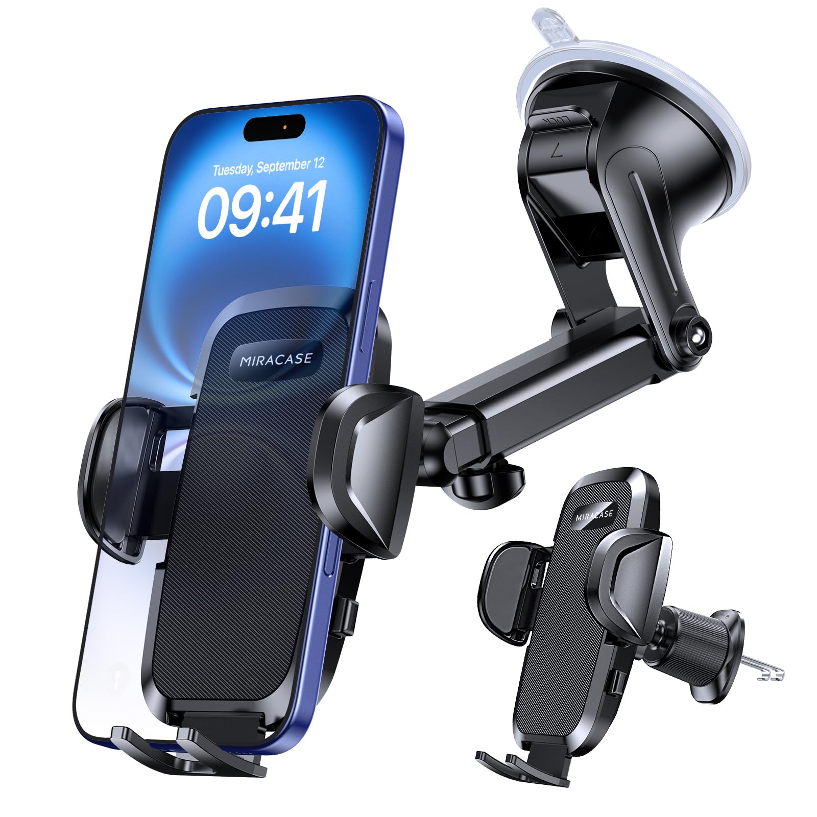 Miracase Soporte Movil Coche [Potente Ventosa& Gancho Doble Metálico] 3 in 1 Suporte Telemovel Carro para Parabrisas/Salpicadero/Ventilación de Aire, Soporte Teléfono Coche Universal para Smartphone Global Recycled Standard Global Recycled Standard Global Recycled Standard