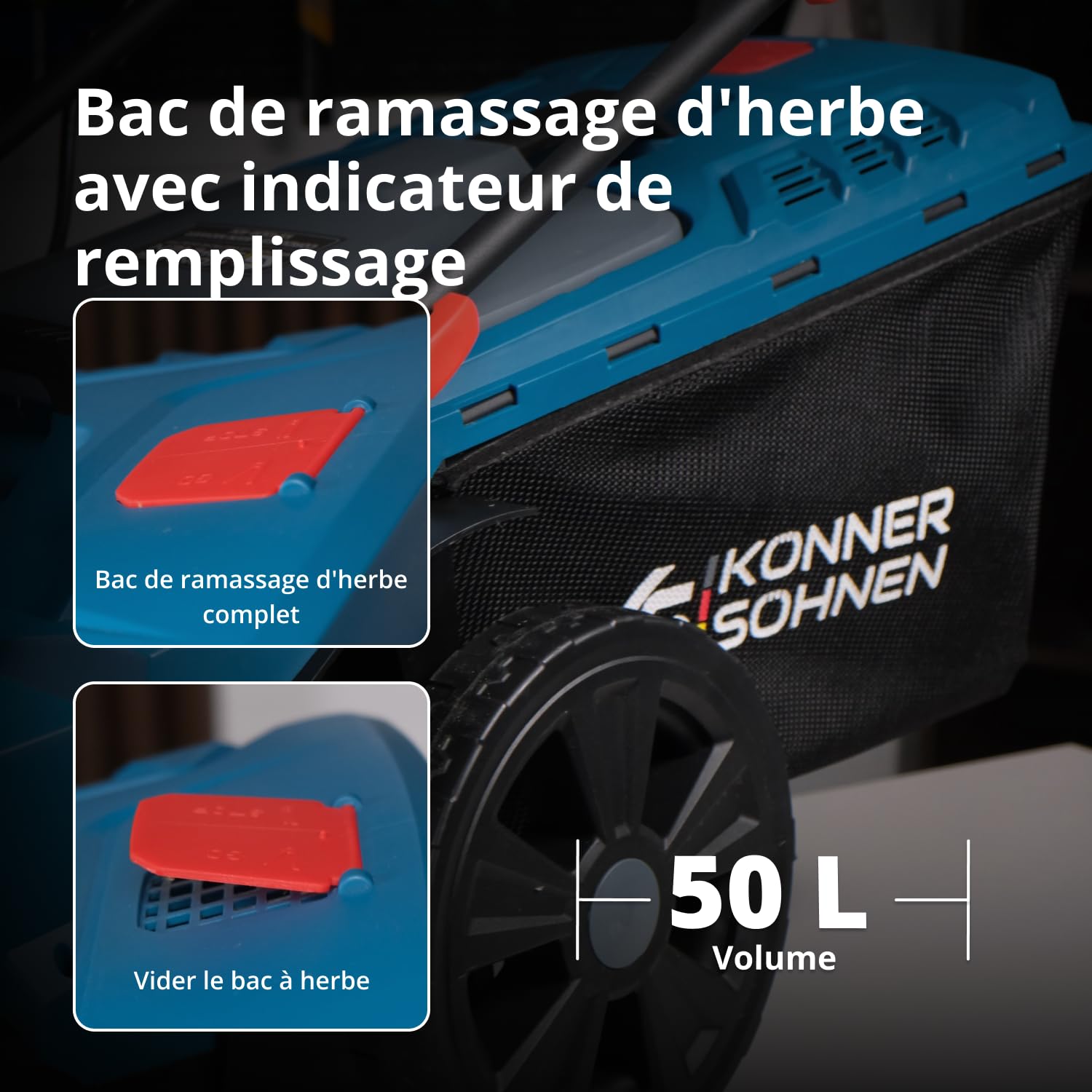 Tondeuse à Batterie KS 43LM-40V, Tension 40 V, Vitesse à Vide 3300 TR/Min, Largeur de Coupe 430 mm, Hauteur de Coupe 25-75 mm, 6 Positions, Panier à Herbe 50 l, Fonction de Mulching