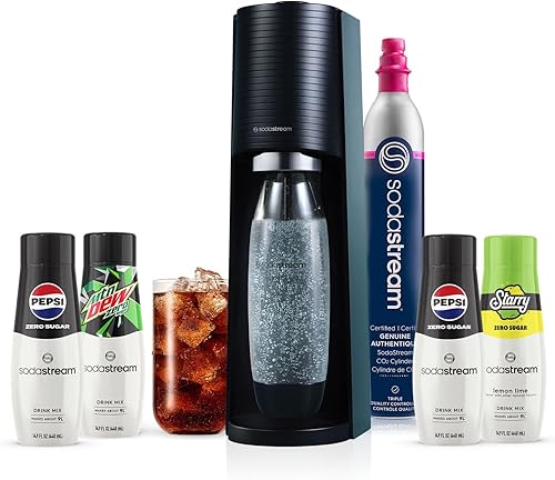 SodaStream Terra - Paquete para hacer agua con gas en negro, incluye CO2, botella de carbonatación y Pepsi® Zero Sugar, Starry® Zero Sugar y MTN