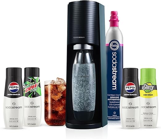 SodaStream Terra Sparkling Water Maker Bundle in Black - includes CO2, Carbonating Bottle, and Pepsi® Zero Sugar, Starry® Zero Sugar and MTN Dew® Zero Sugar 4-Flavor Variety Pack