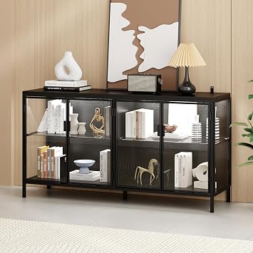 FUFU&GAGA Sideboard Buffet with LED Lights, Glass Doors, Modern Display Cabinet with Glass Shelves, Black Cupboard Credenza with Metal Legs, for Living Room Kitchen, 55.1W x 15.7D x 29.5H