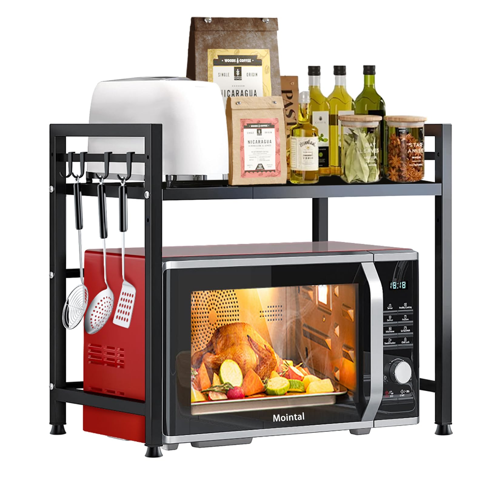 Mointal Soporte Ajustable para Microondas, Estante Expandible para Microondas de Cocina 2 Niveles, Soporte Acero al Carbono para Microondas, Organizador para Mostrador de Cocina con 8 Ganchos, Negro