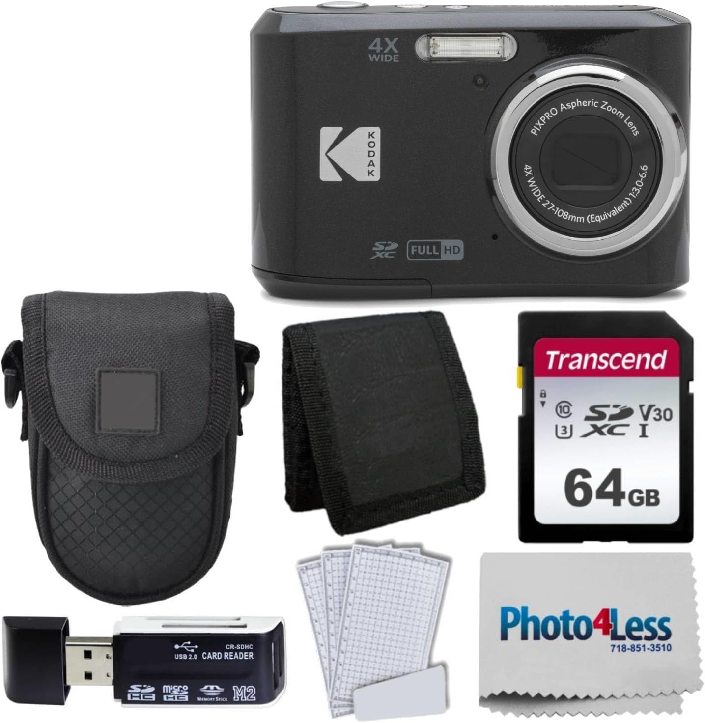 Kodak PIXPRO FZ45 Digital Camera Bundle with Black Point & Shoot Camera Case + Transcend 64GB SD Memory Card + Tri-fold Memory Card Wallet + Hi-Speed SD USB Card Reader + More (Black)