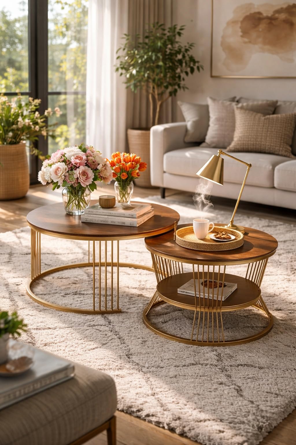 ETIQUETTE ART Luxury Round Coffee Table Home Décor Furniture Coffee Table Sets,2 MDF Top,Stacking Nesting Table with Iron Frame for Living Room Living Room or Lounge (Gold & Brown)-image-7